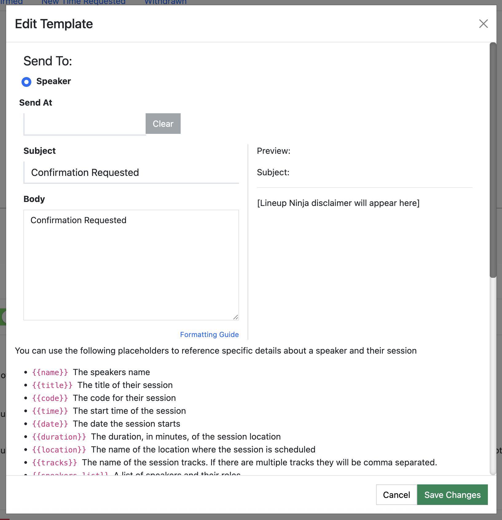 Screenshot of the email template editor popup