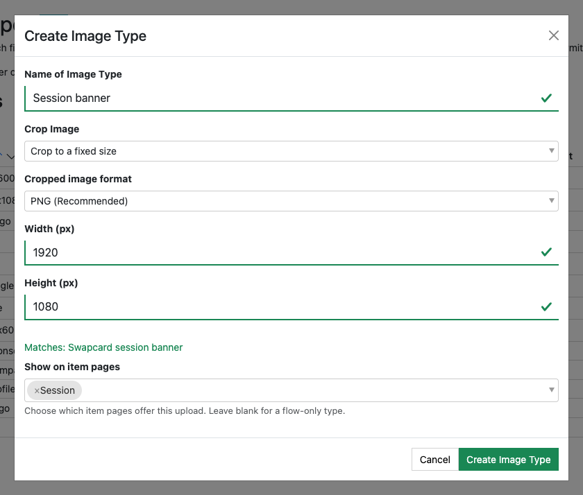 An image type set to crop to a fixed size of 1920 by 1080 pixels, matching the Swapcard session banner preset