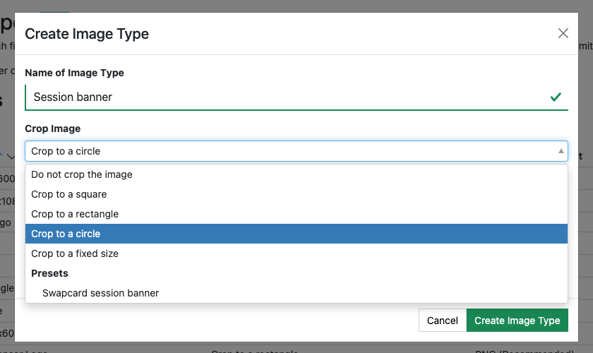 The Swapcard session banner preset in the Presets section of the Crop Image list