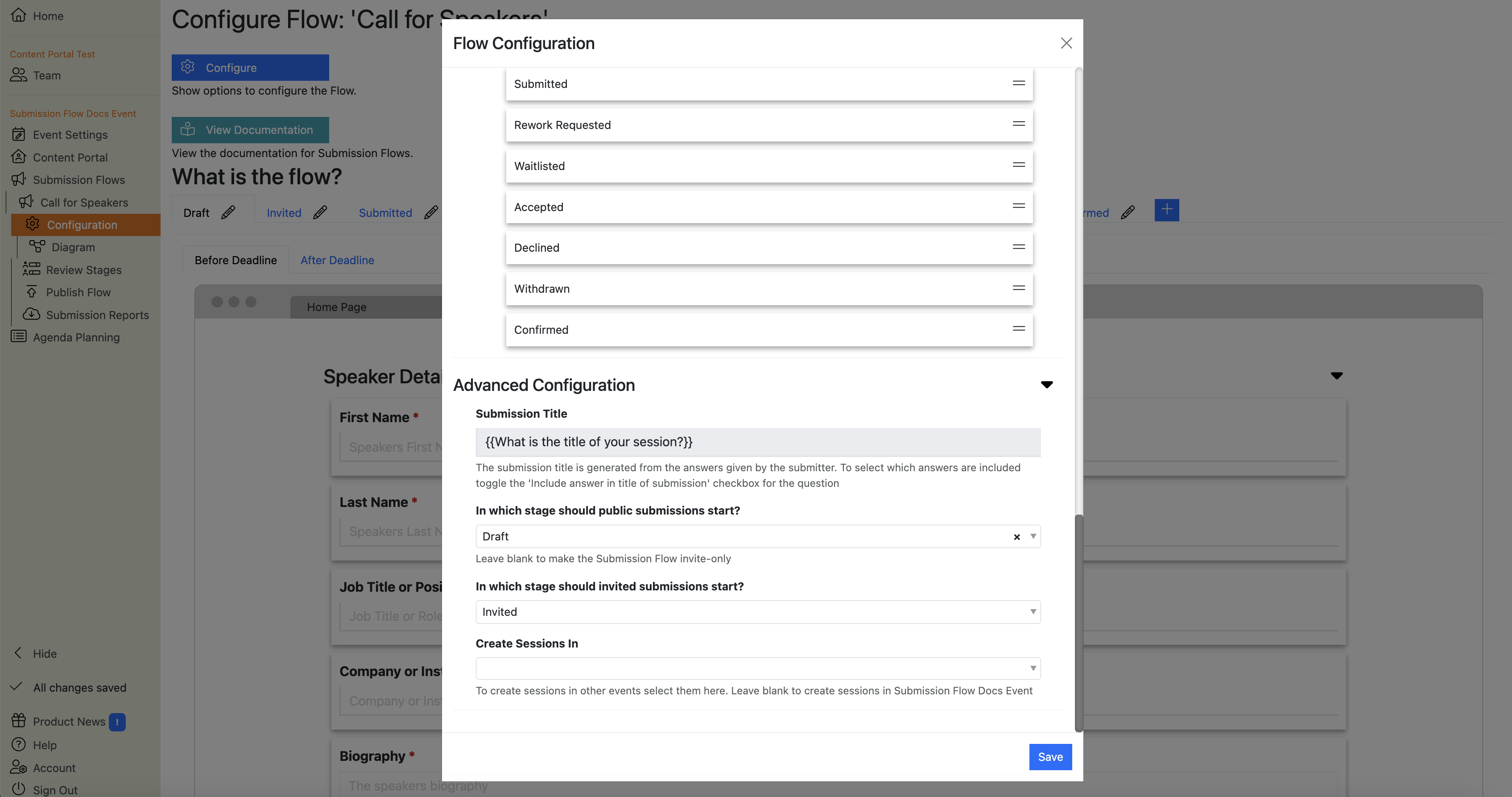 Screenshot of the Submission Flow configuration dialogue box showing the advanced settings