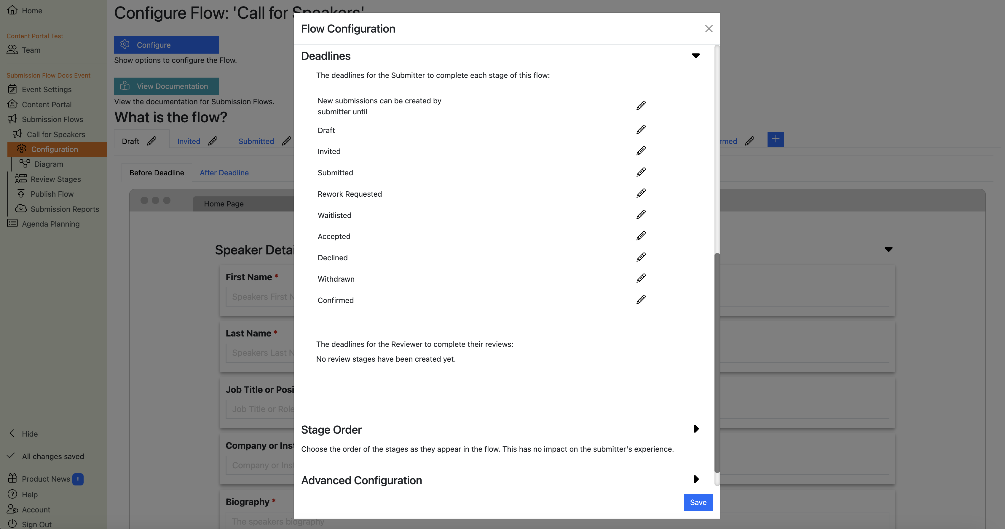 Screenshot of the Submission Flow configuration dialogue box showing deadline settings