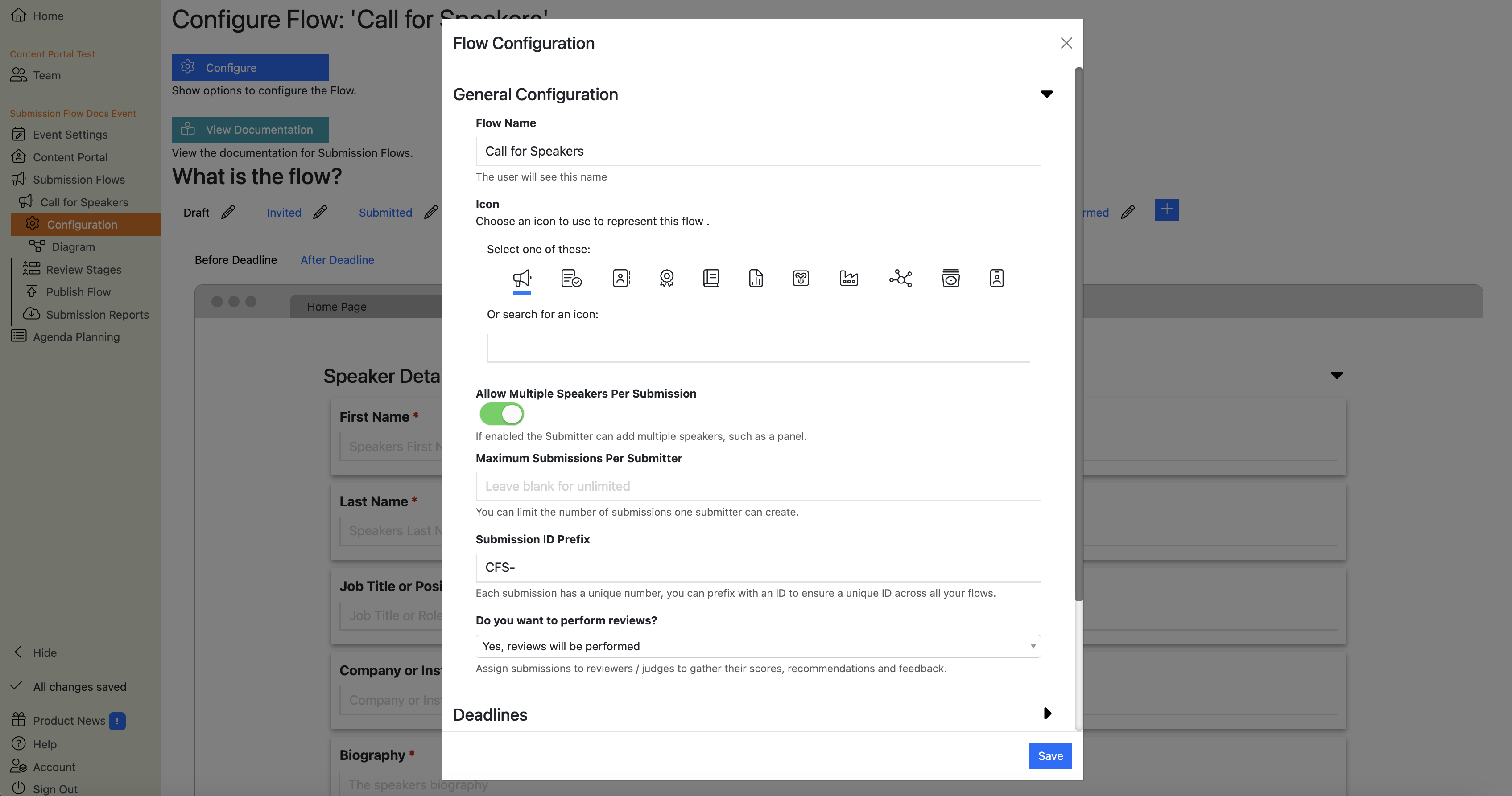 Screenshot of the Submission Flow configuration dialogue box showing the general settings