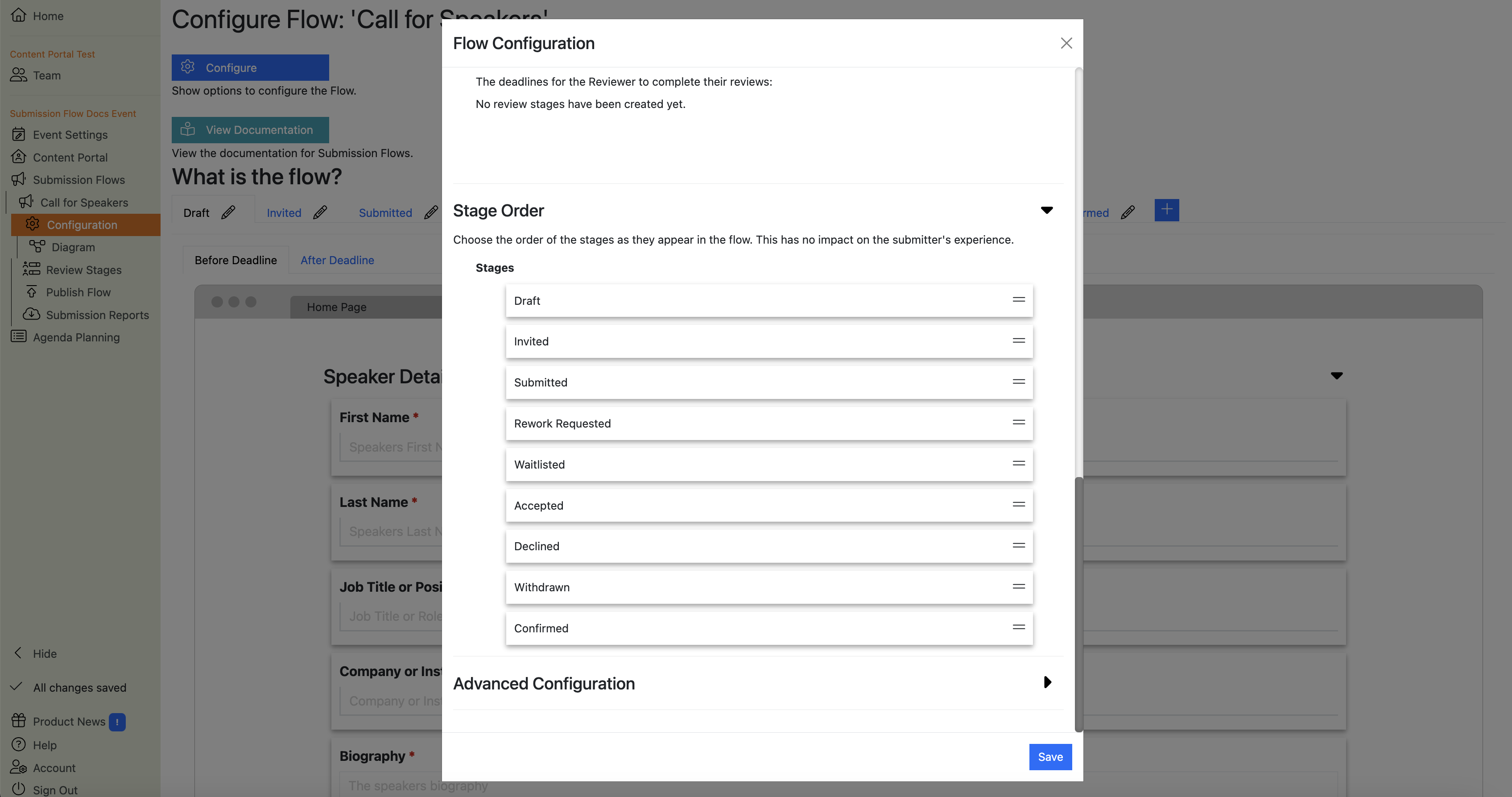 Screenshot of the Submission Flow configuration dialogue box showing the Submission Stage order settings
