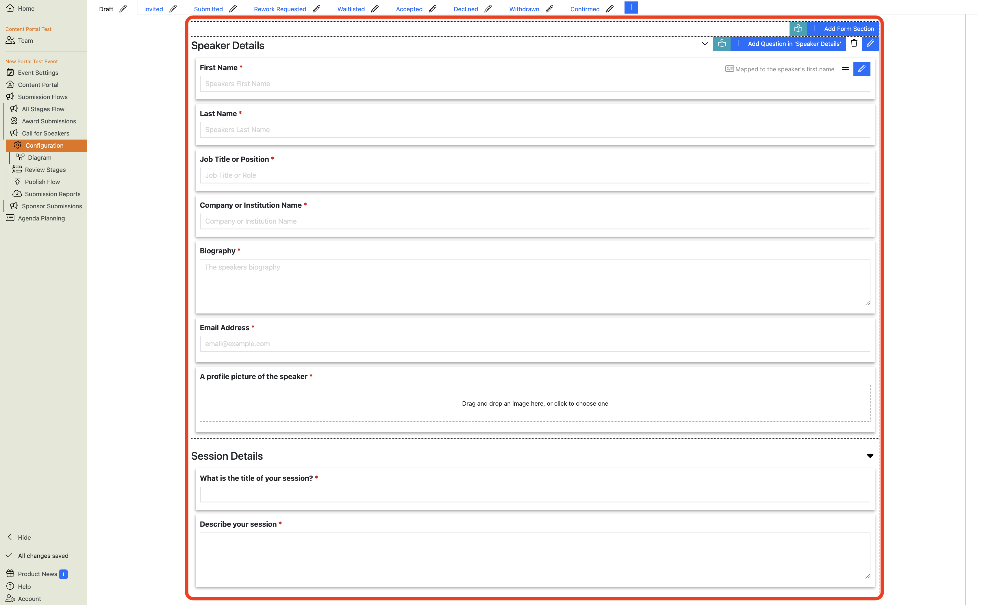 A screenshot of the Submission Flow Configuration Main View, highlighting the Form Designer