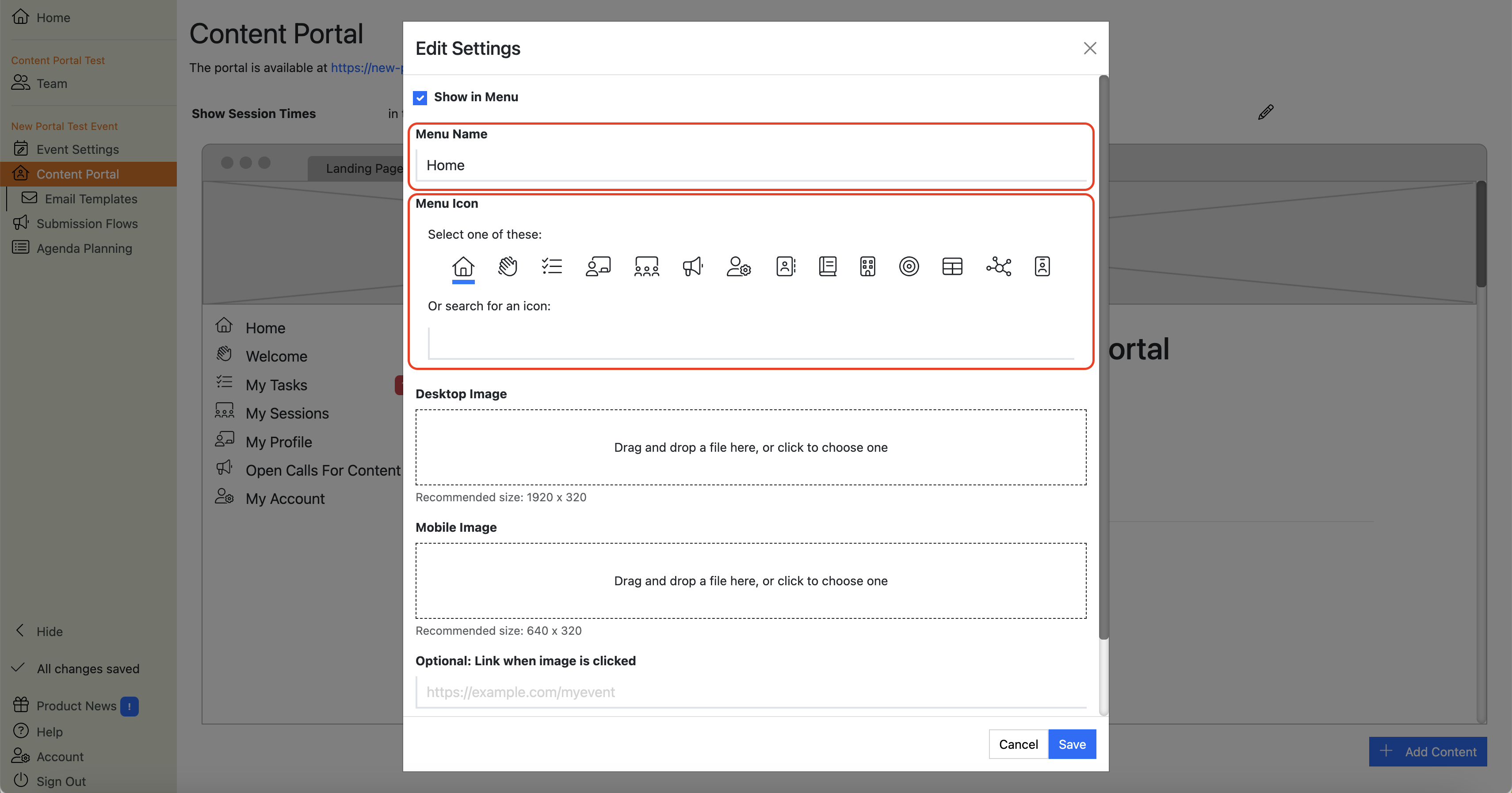 Screenshot of the Home Section editor dialogue box