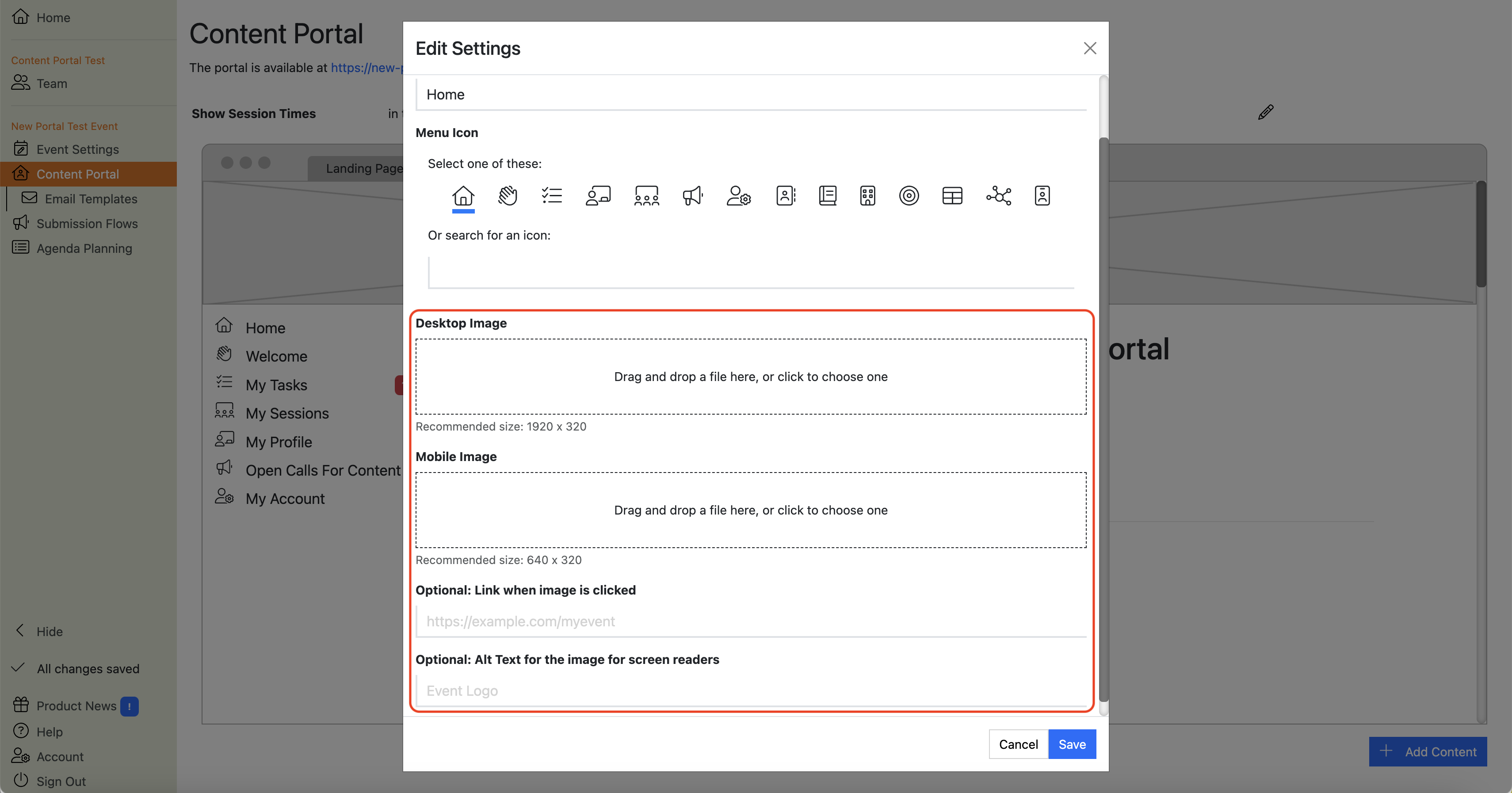 Screenshot of the Home Section editor dialogue box