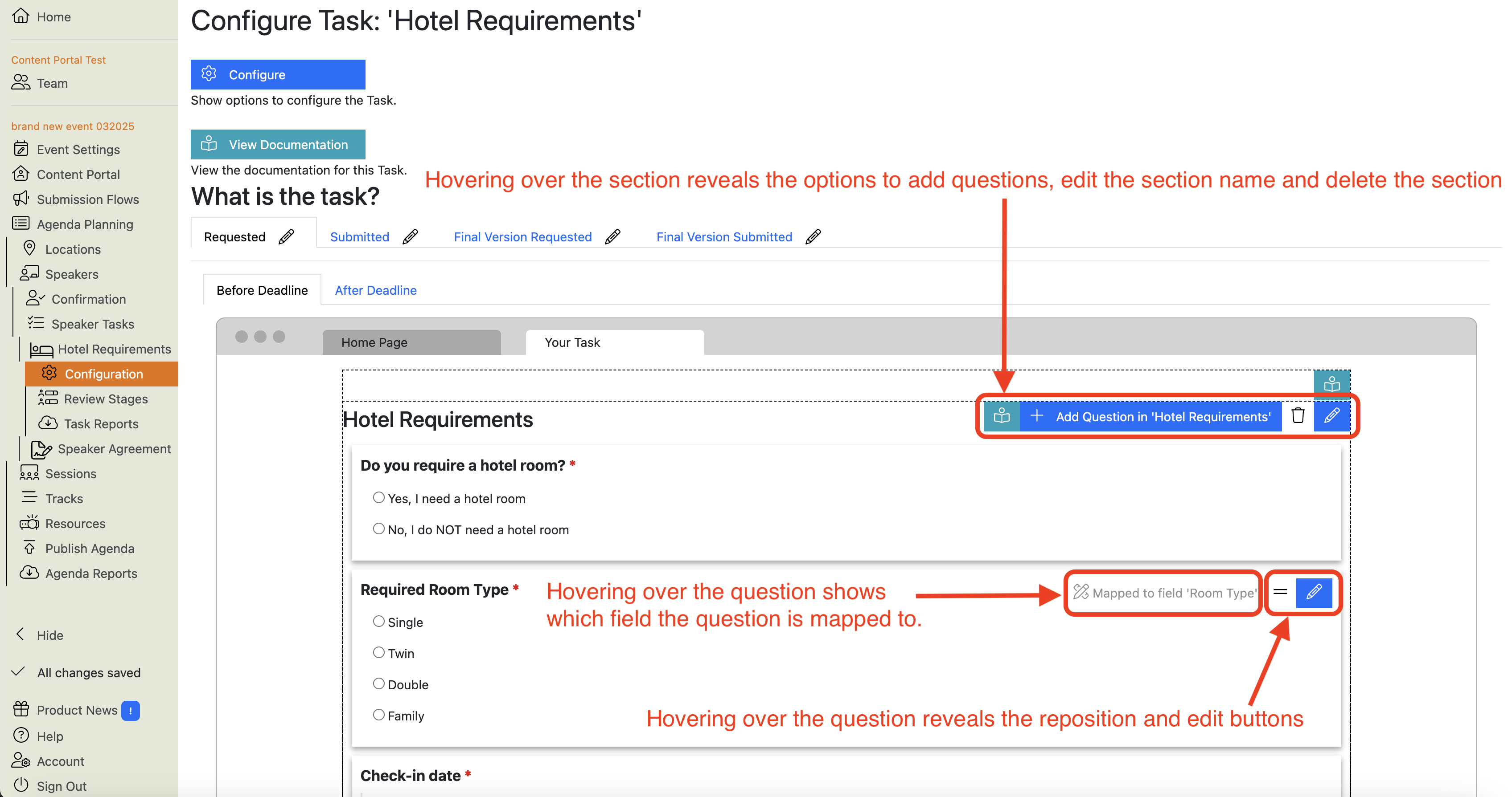 Screenshot of the Hotel Requirements Task configuration Main View showing the effect of hovering over sections and questions on the form