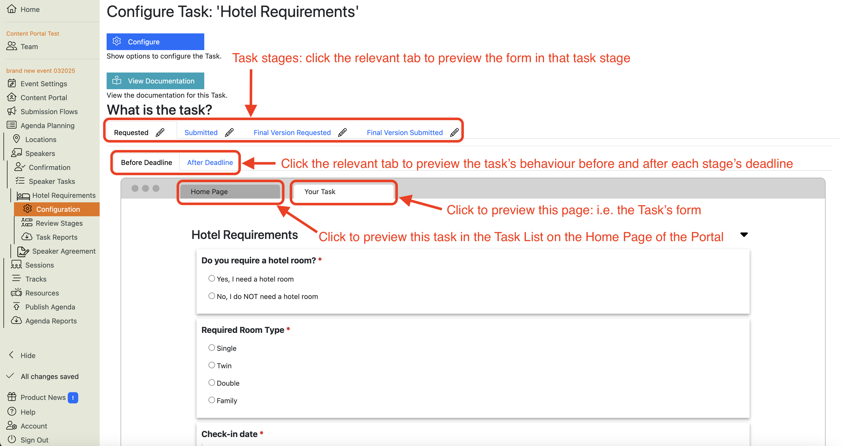 Screenshot of the Hotel Requirements Task configuration: Main View, with various buttons highlighted and explained