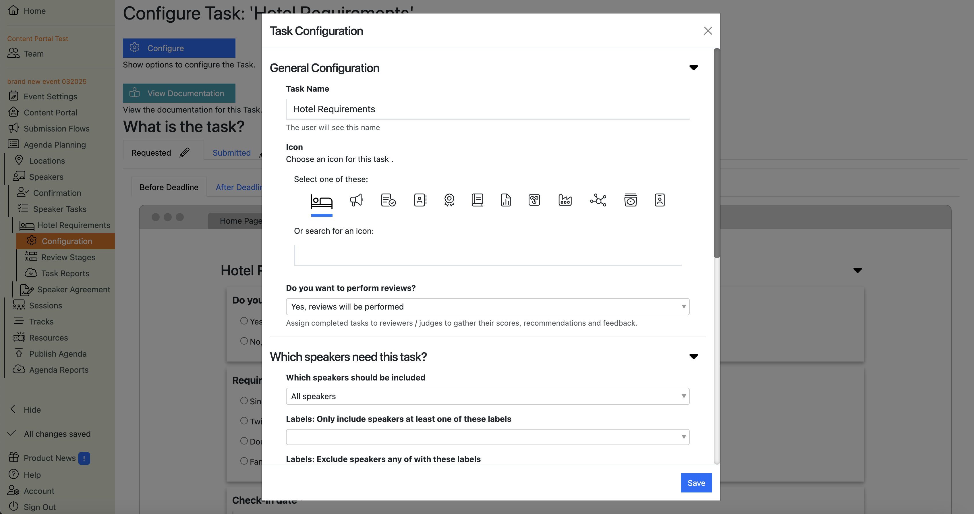 Screenshot of the Hotel Requirements Task configuration Main Page, with the configuration dialogue popup open