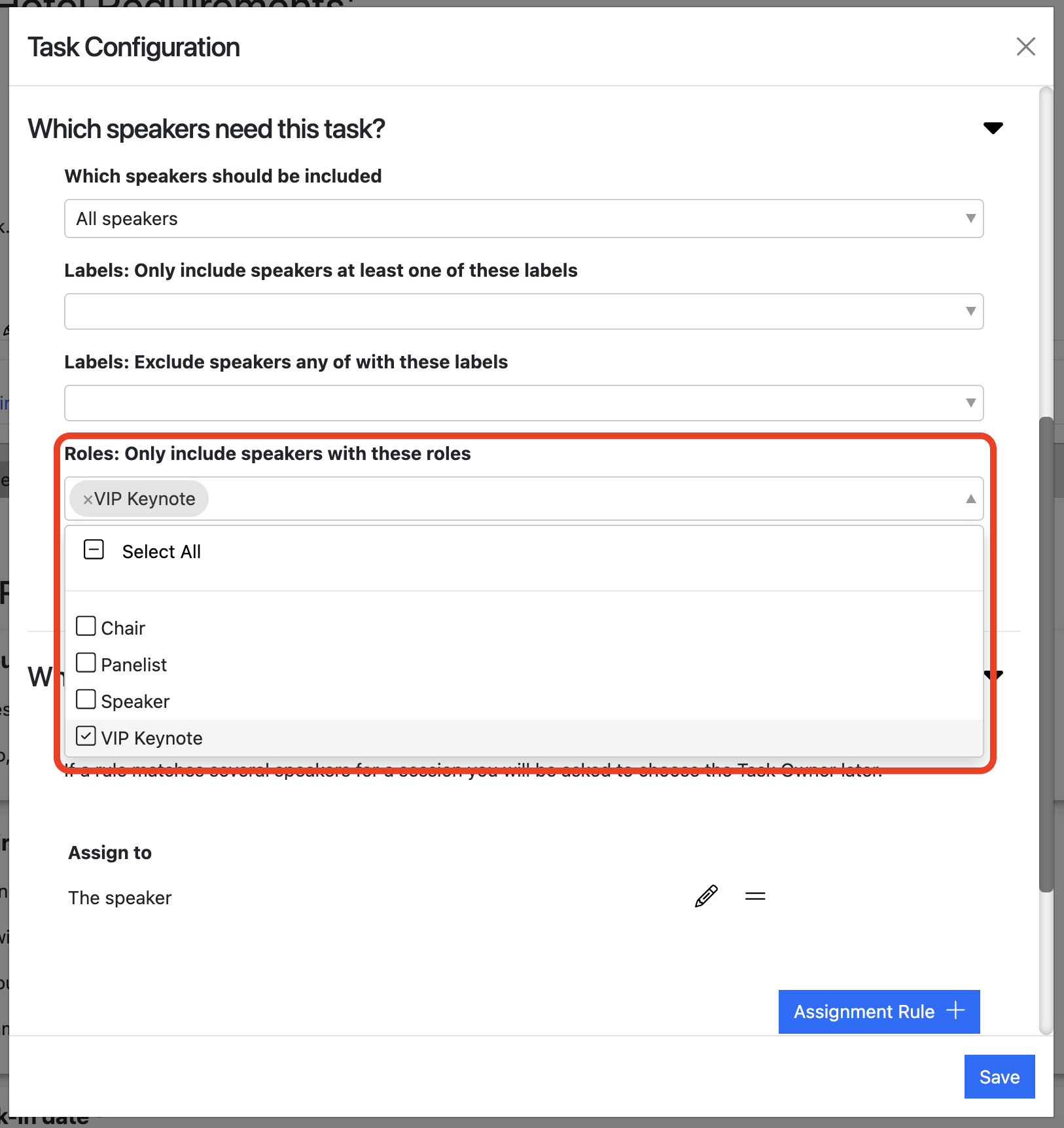 Screenshot of the Hotel Requirements Task configuration popup showing how to filter speakers