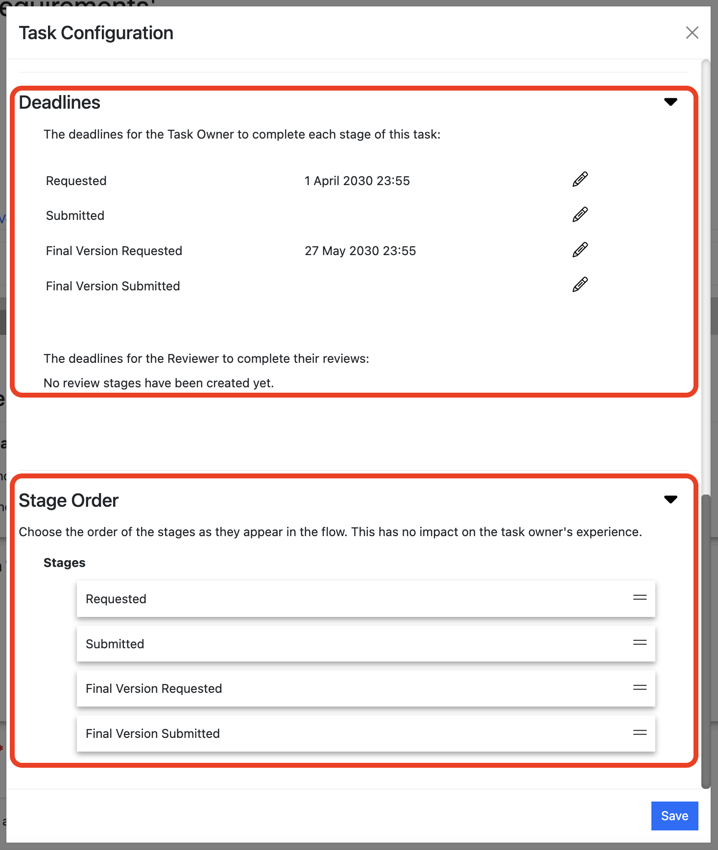 Screenshot showing the Hotel Requirements Task configuration popup with the Stage Deadlines and Stage Order sections highlighted