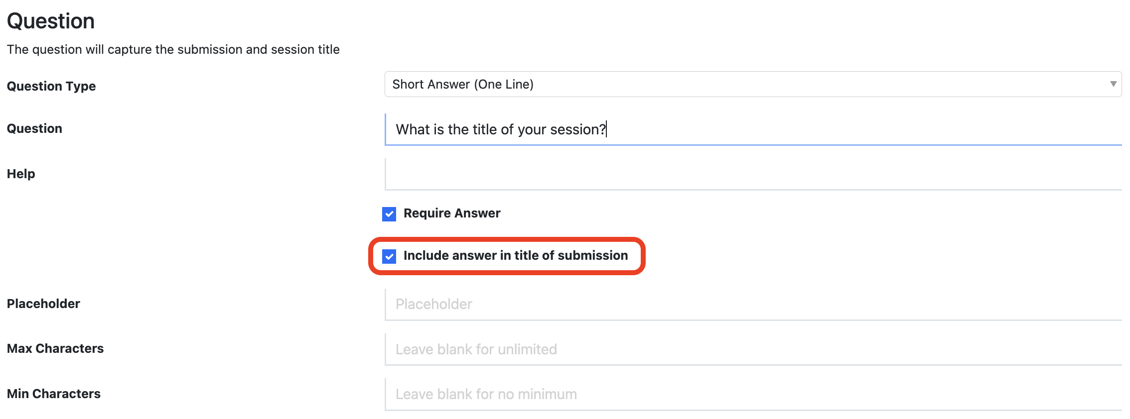Screenshot of a question configuration showing the option "Include answer in title of submission"