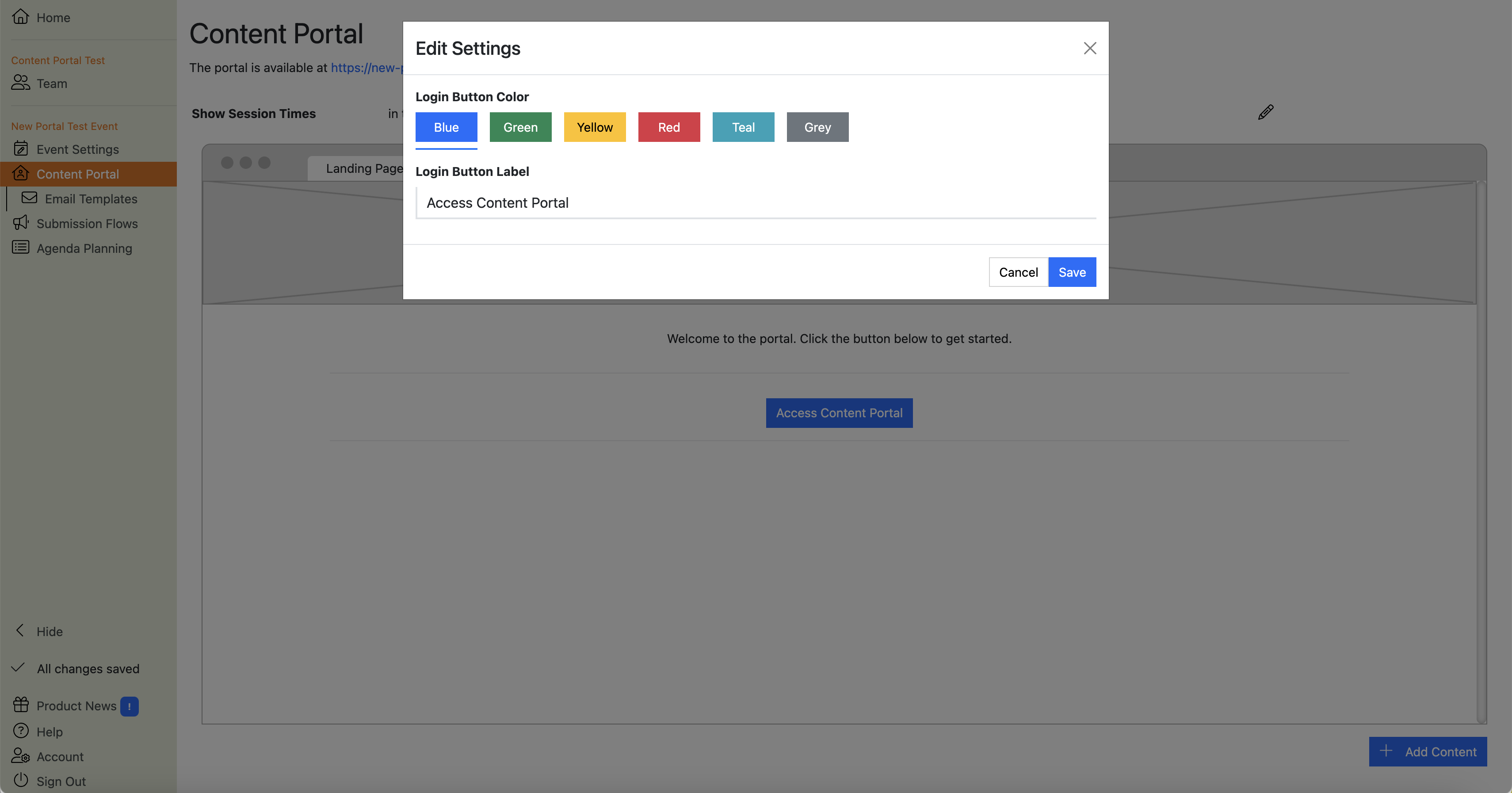 Screenshot of the Landing Page Button Editor