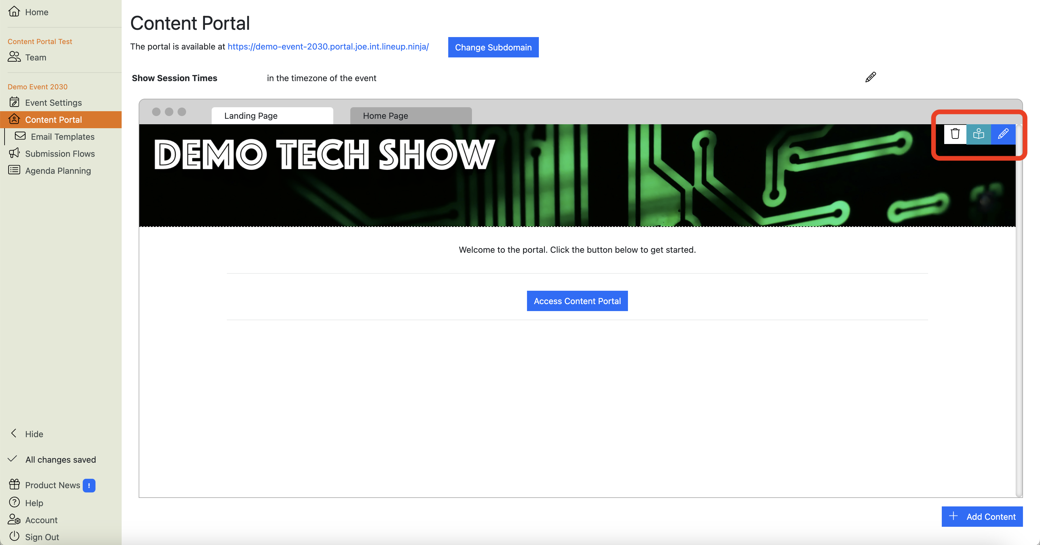 Screenshot of hovering over banner on the Landing Page preview