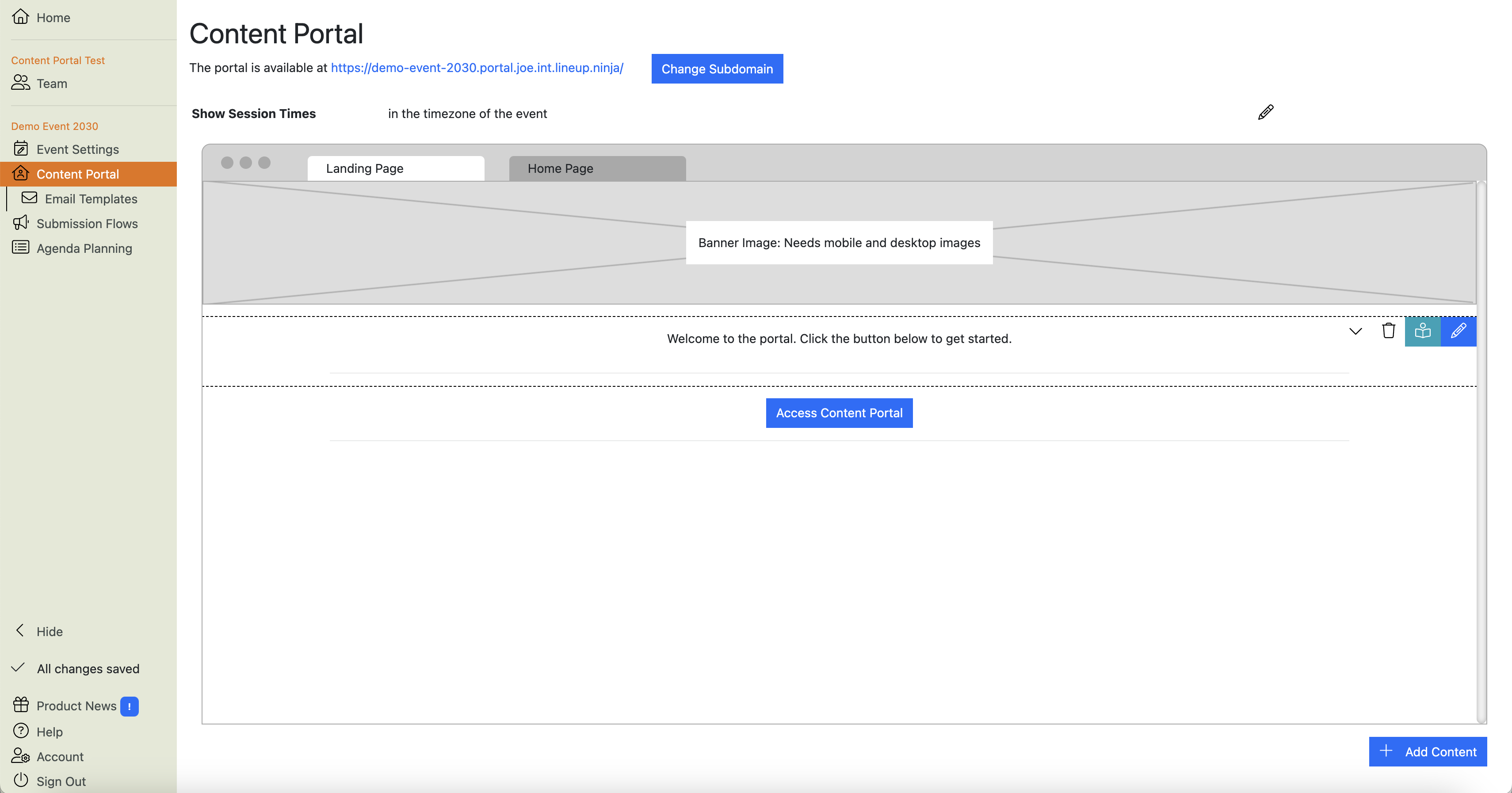 A screenshot of hovering over the tesxt area on the landing page preview