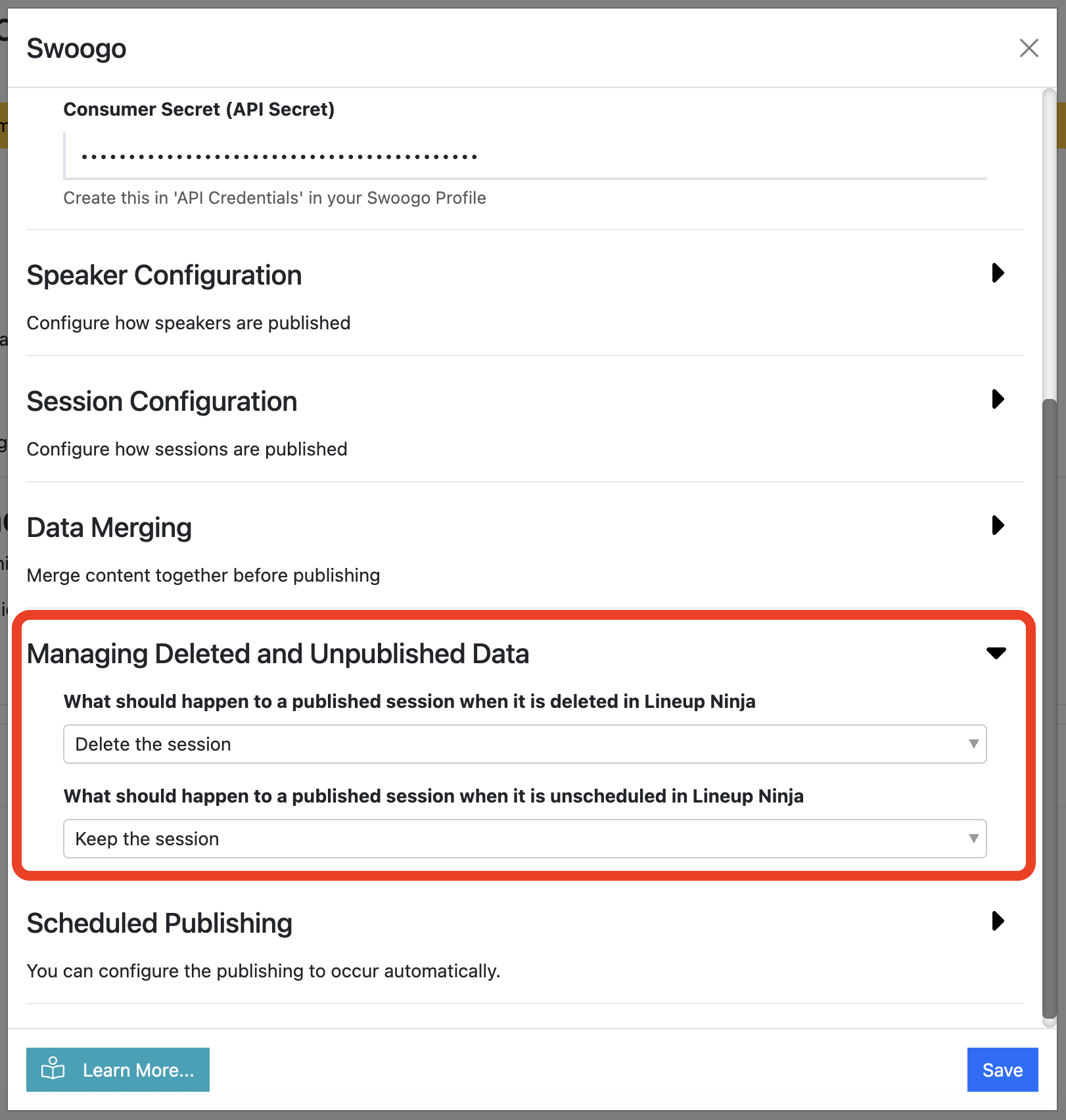 Screenshot showing the Swoogo configuration dialogue popup with the "Managing Deleted and Unpublished Data" section highlighted