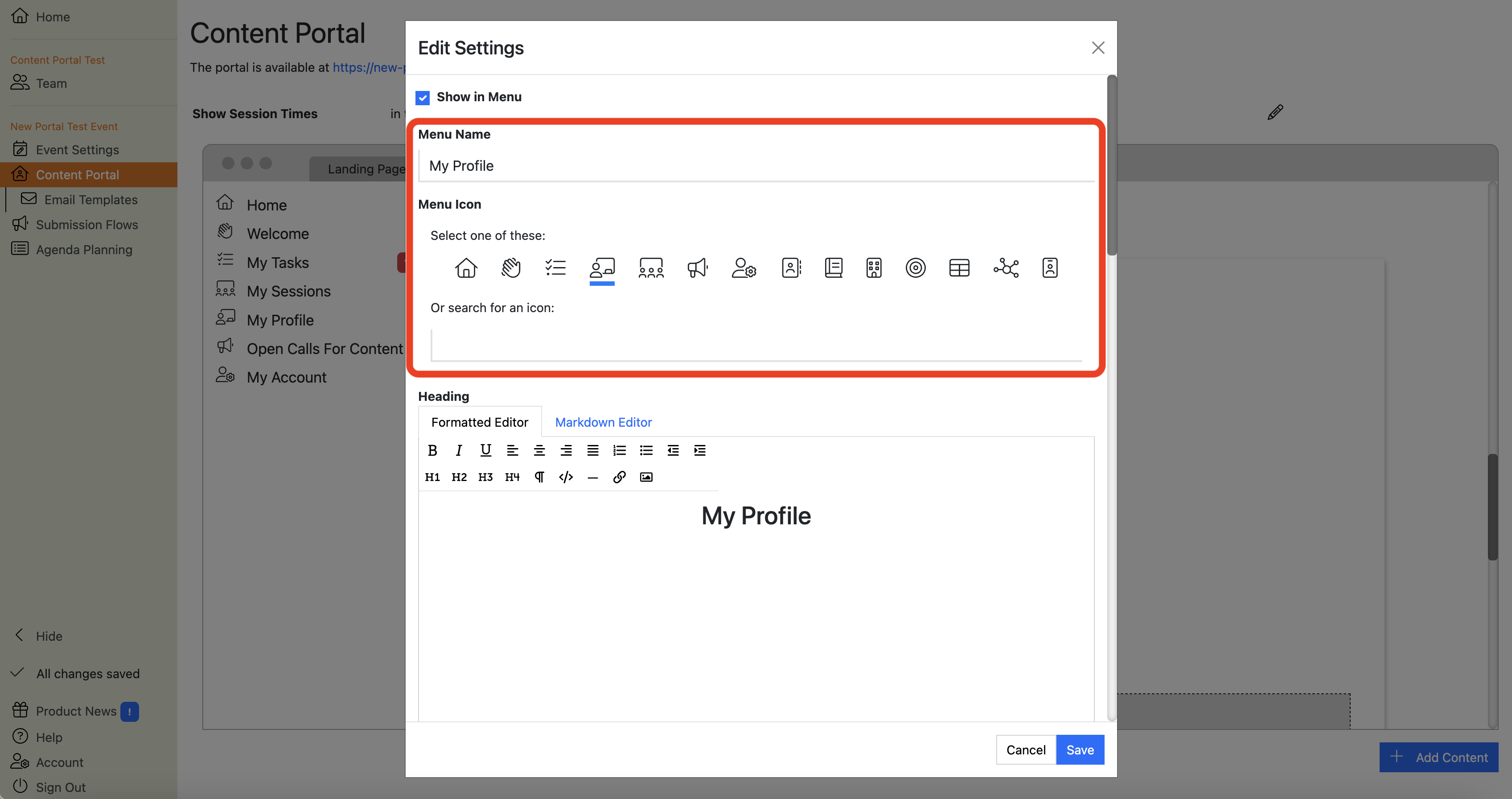 Screenshot of the My Profile section editor