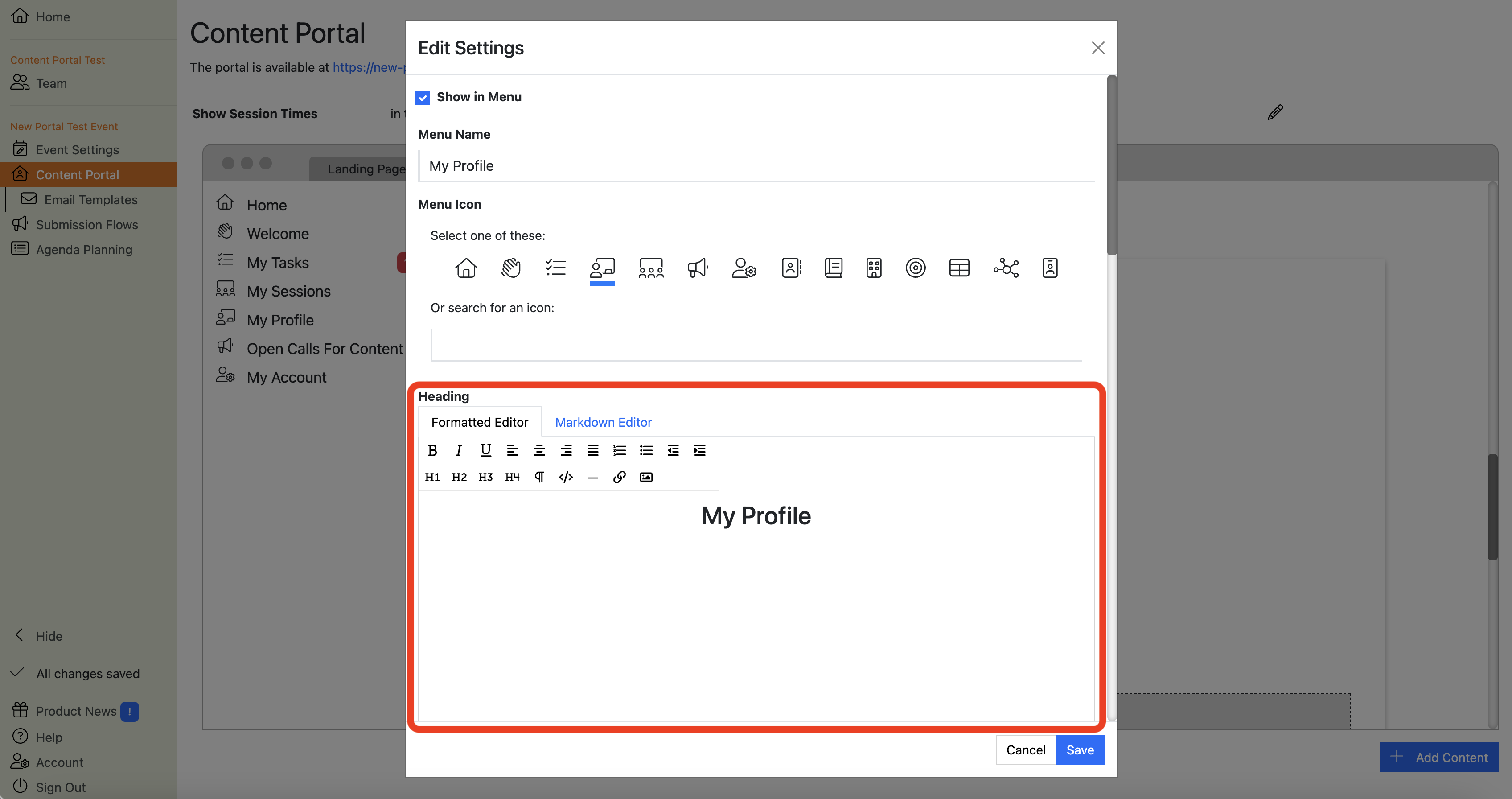 Screenshot of the My Profile section editor, second section.