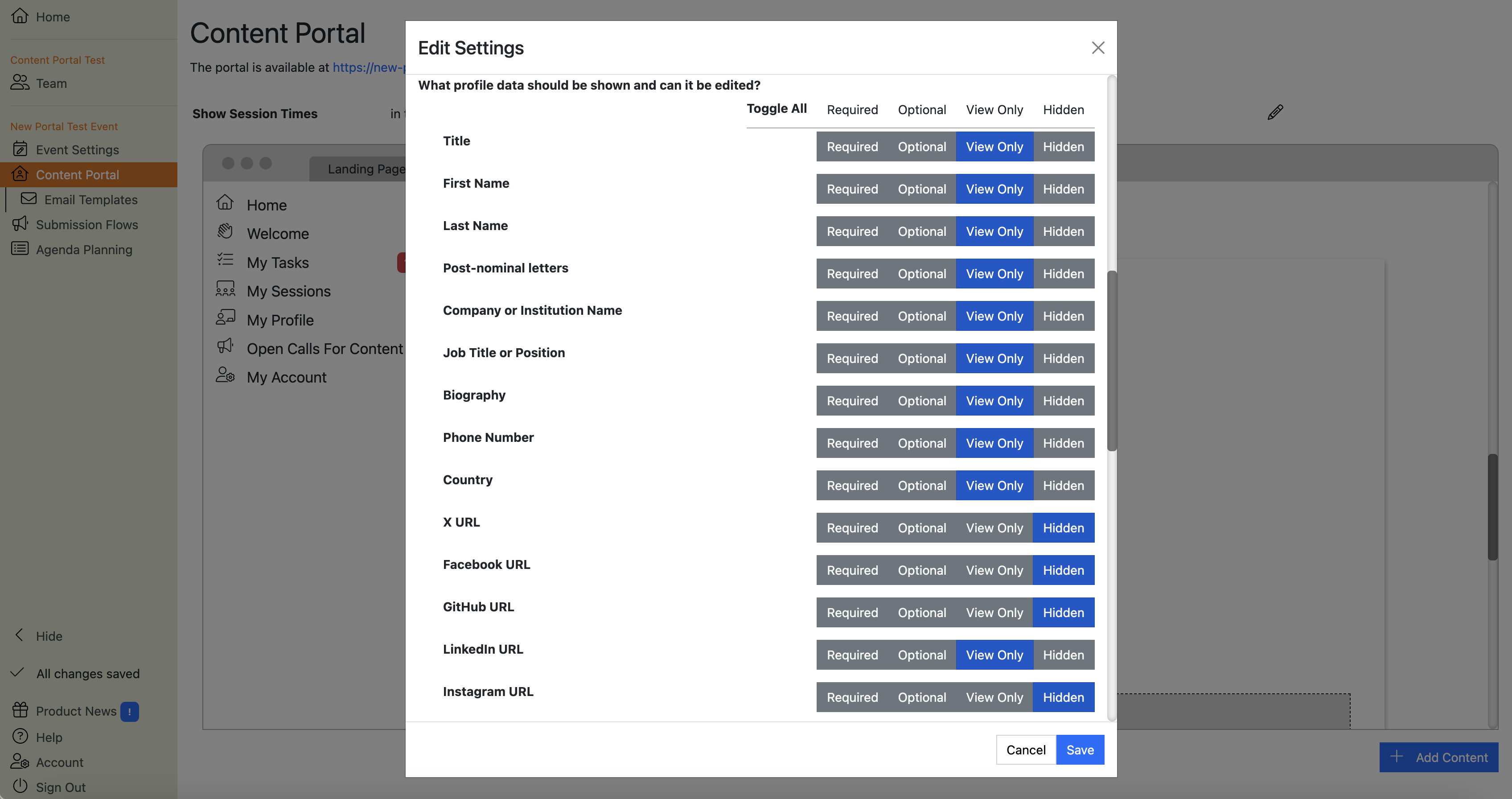 Screenshot of the My Profile section editor showing the list of speaker fields that can be shown to users