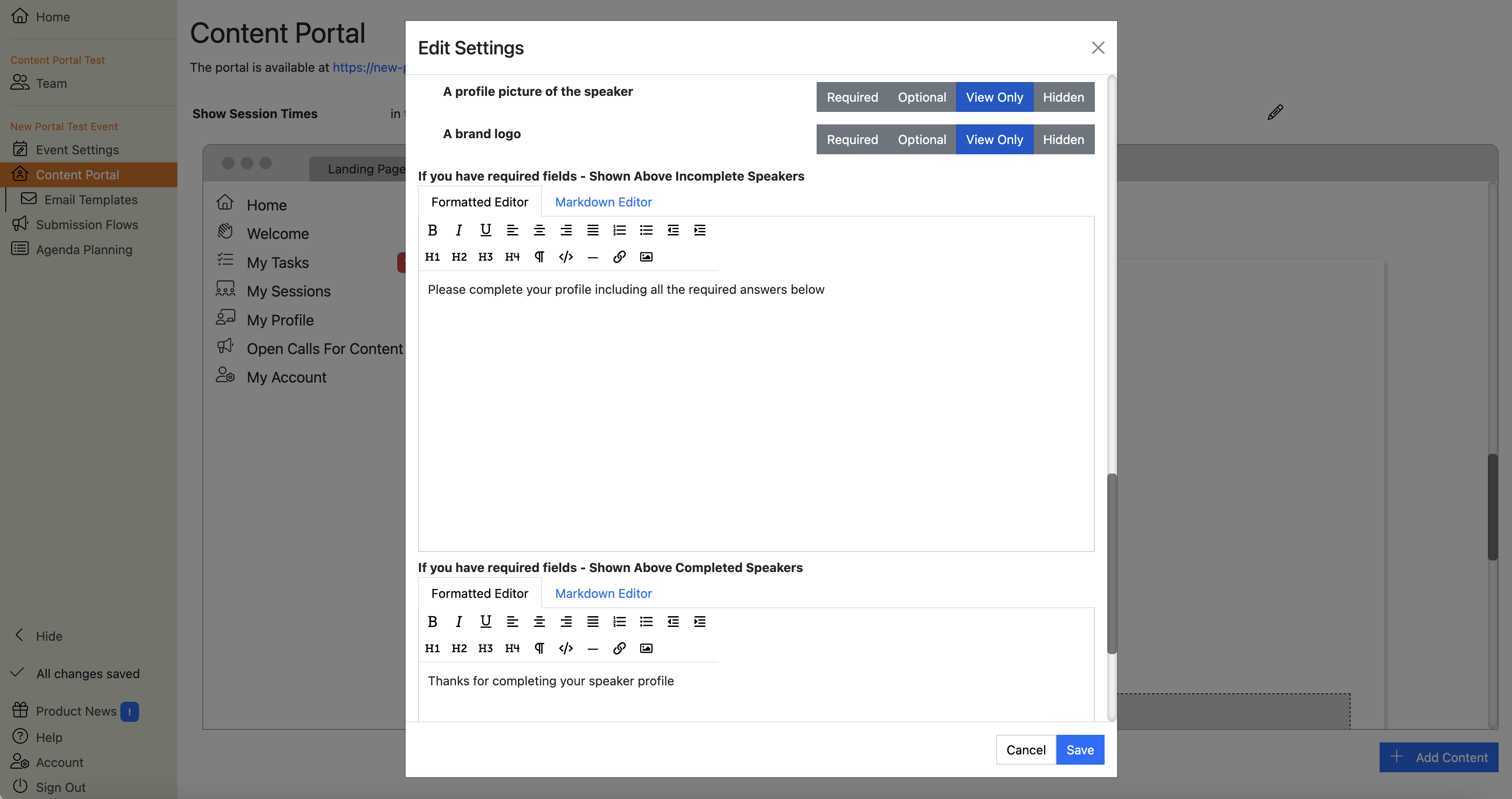 Screenshot of the My Profile section showing mandatory field text editor sections
