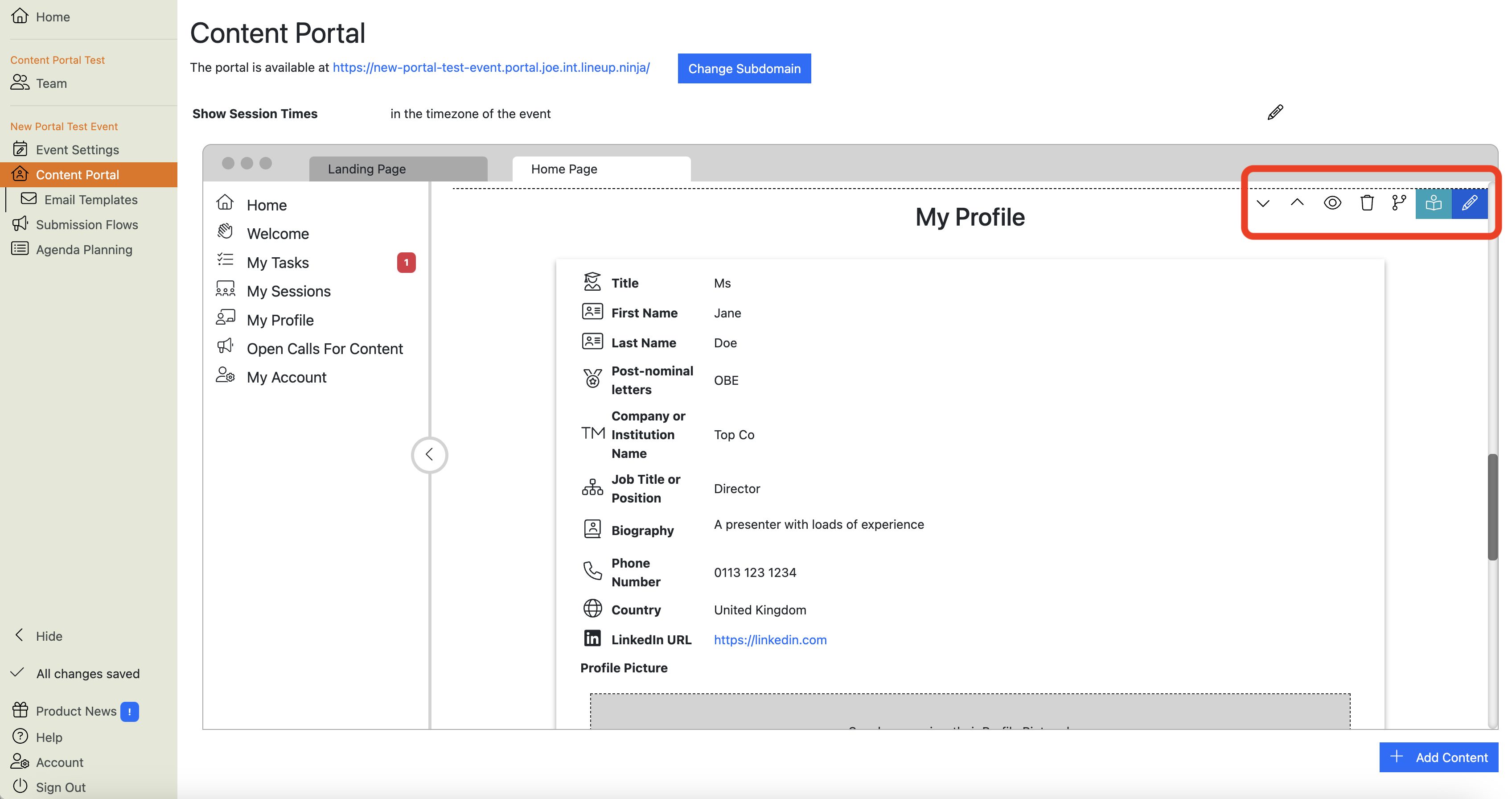 Screenshot of hovering over the My Profile section
