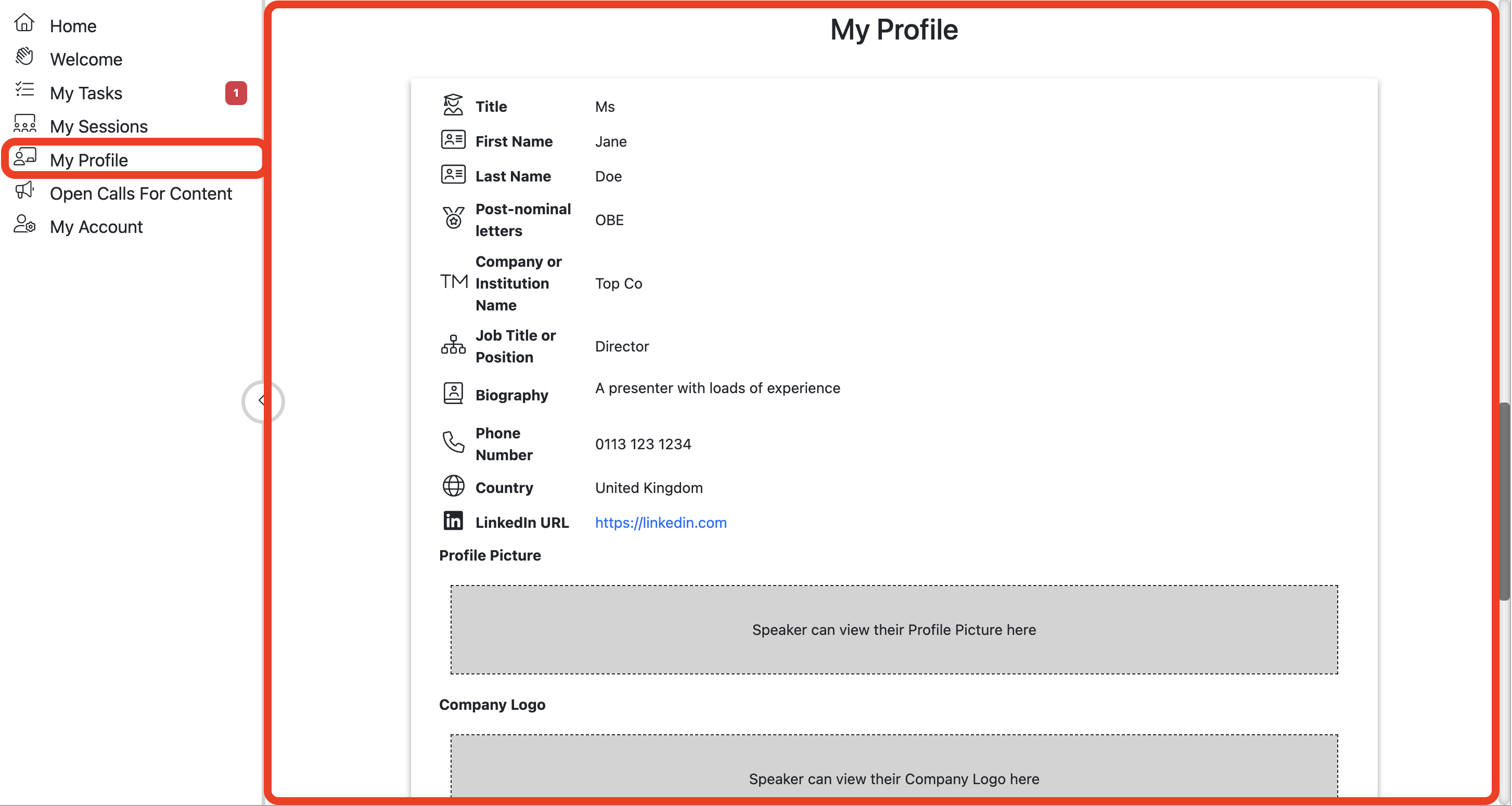 A screenshot of the My Profile section of the Home Page