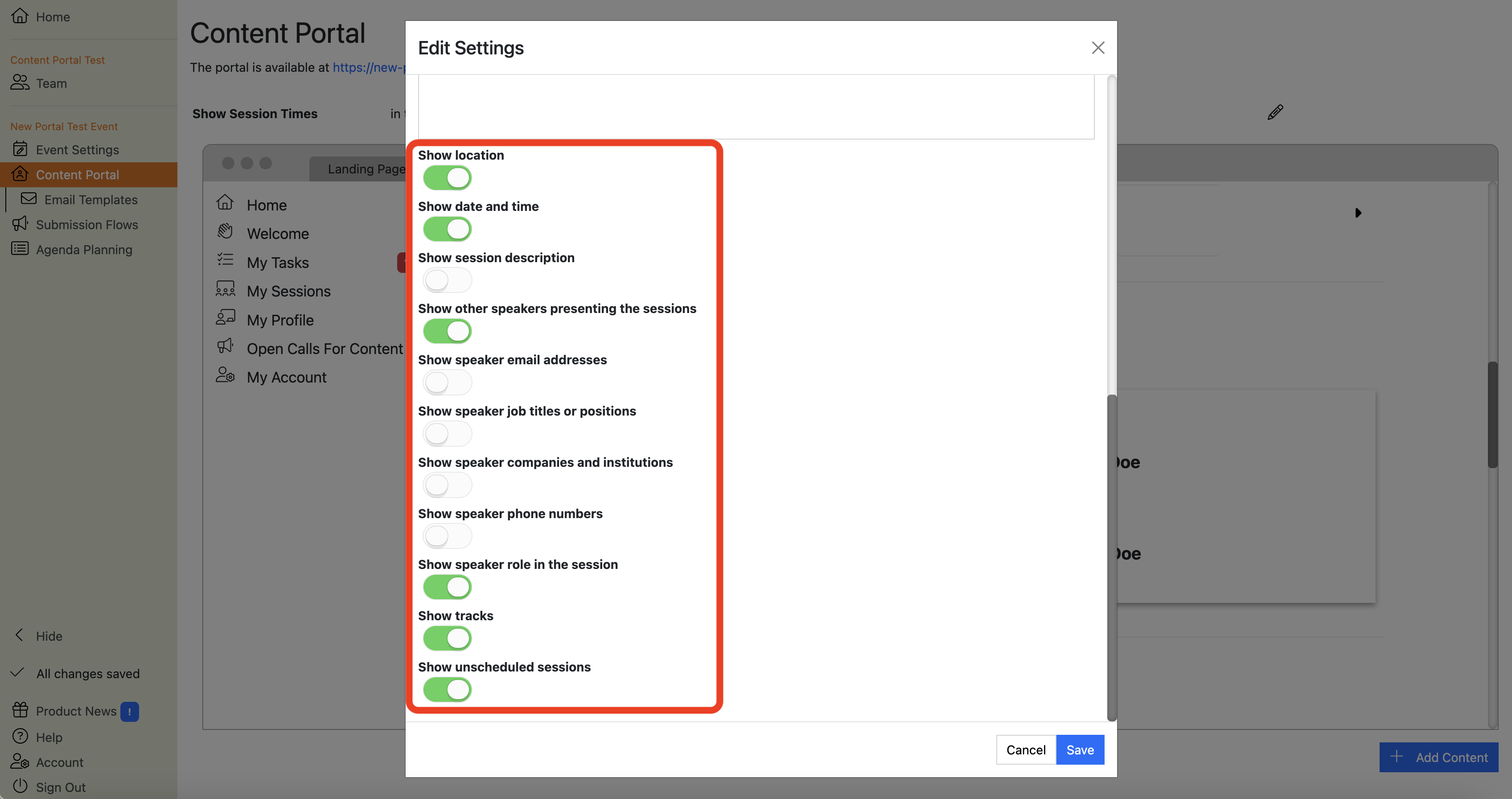 Screenshot of the My Sessions section editor showing various field toggles