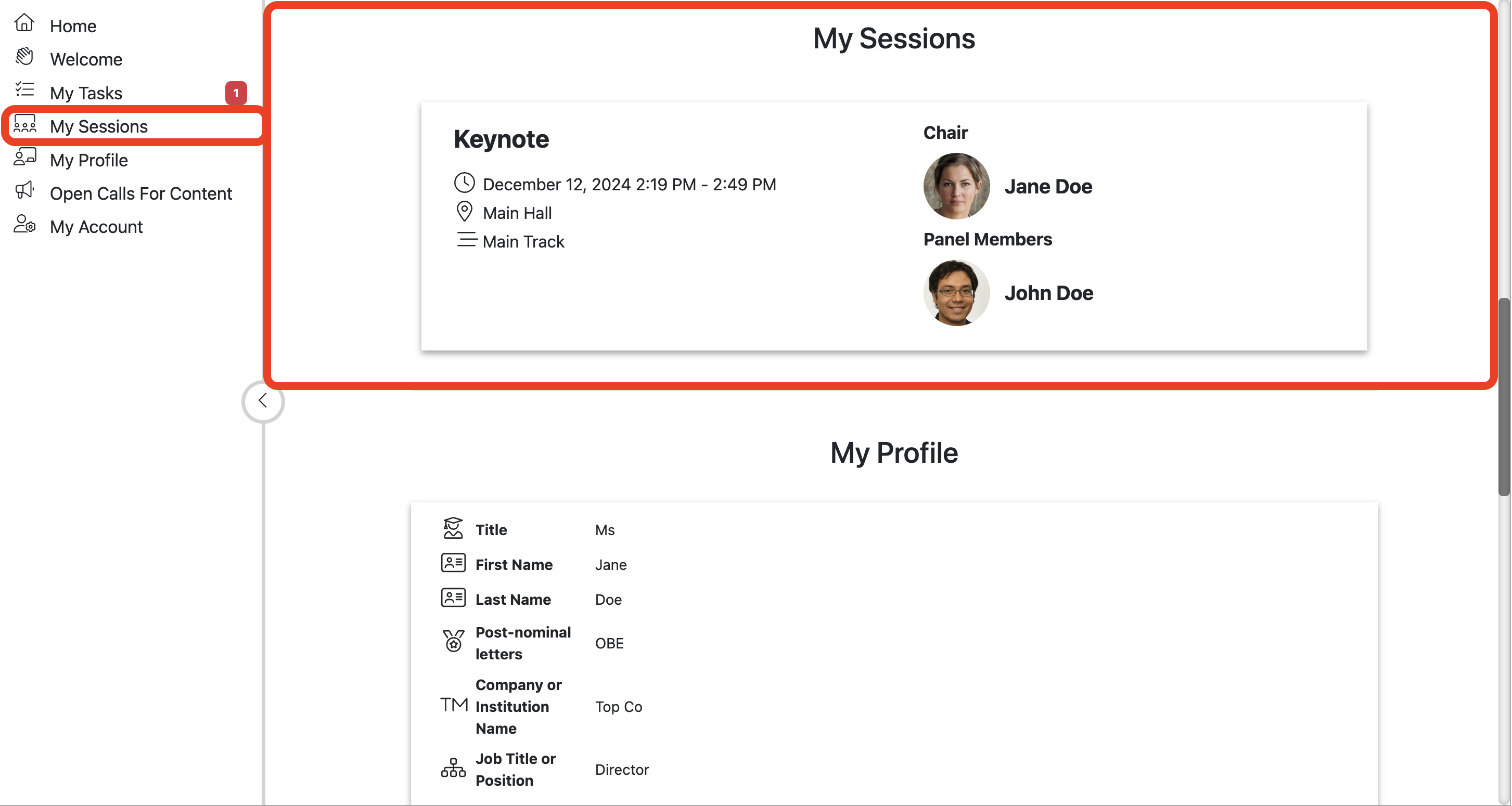 A screenshot of the My Sessions section of the Home Page