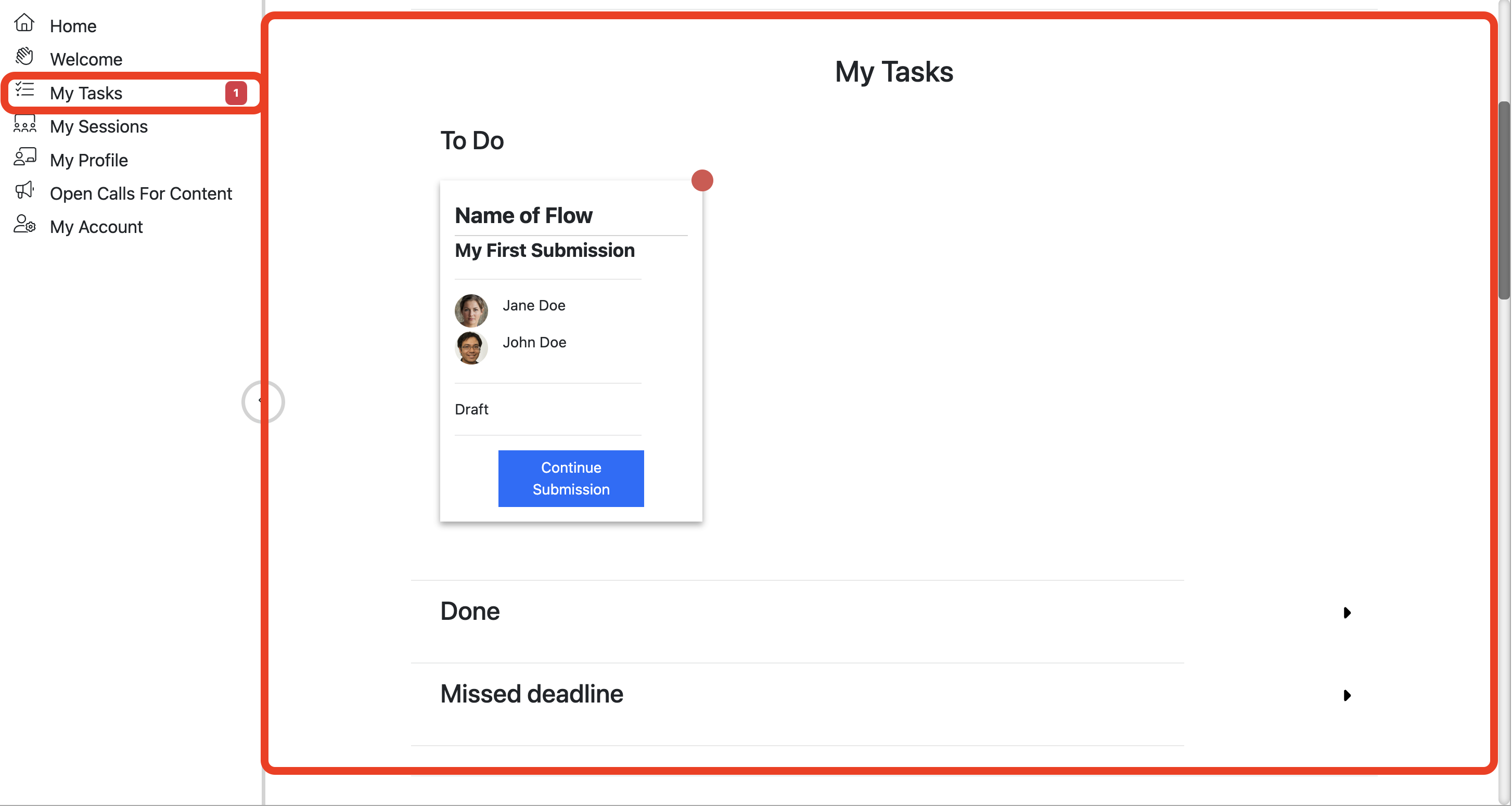 A screenshot of the My Tasks section of the Home Page