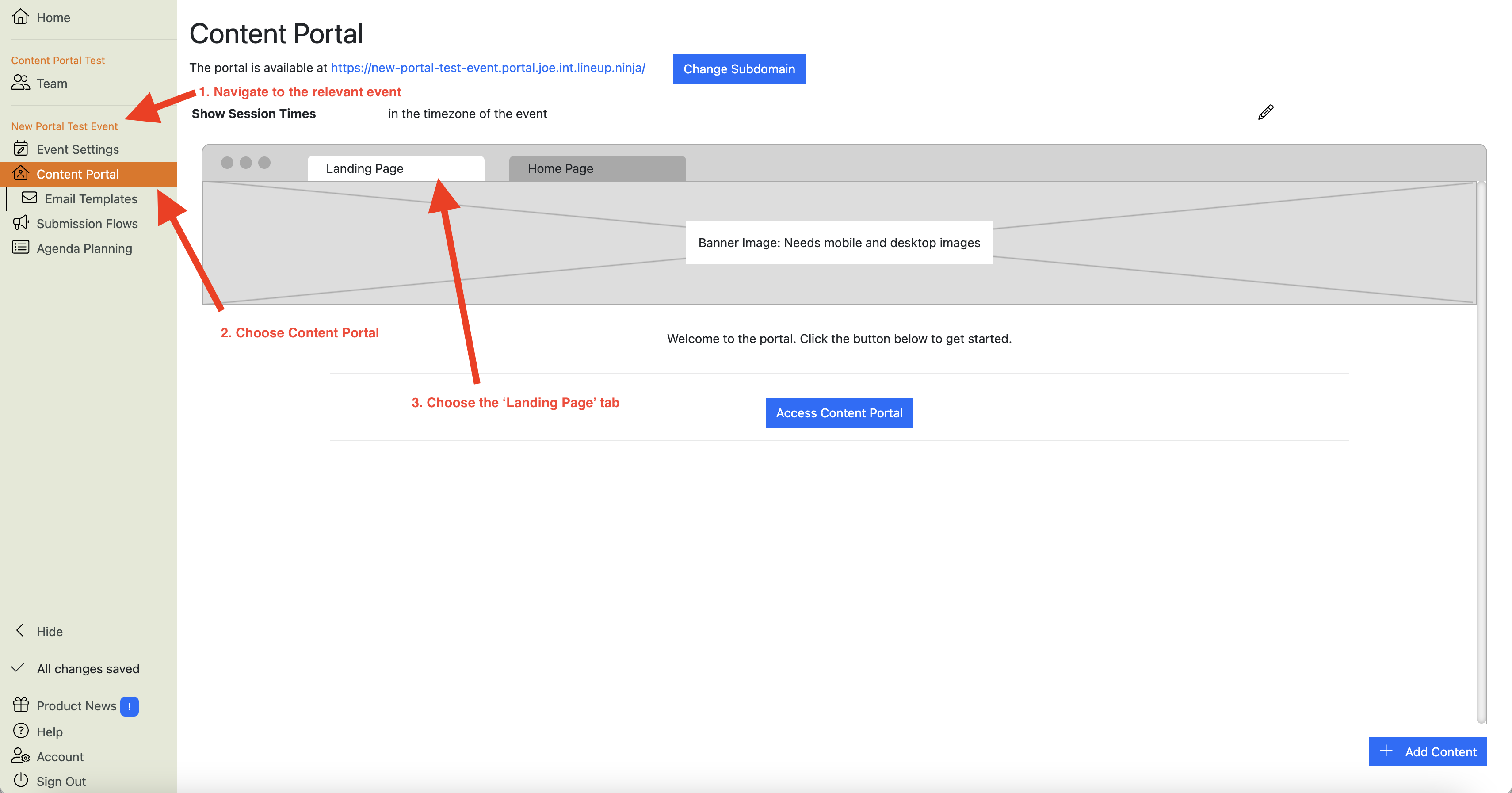 A screenshot of the Content Portal configuration view with navigation instructions to reach the Landing page configuration
