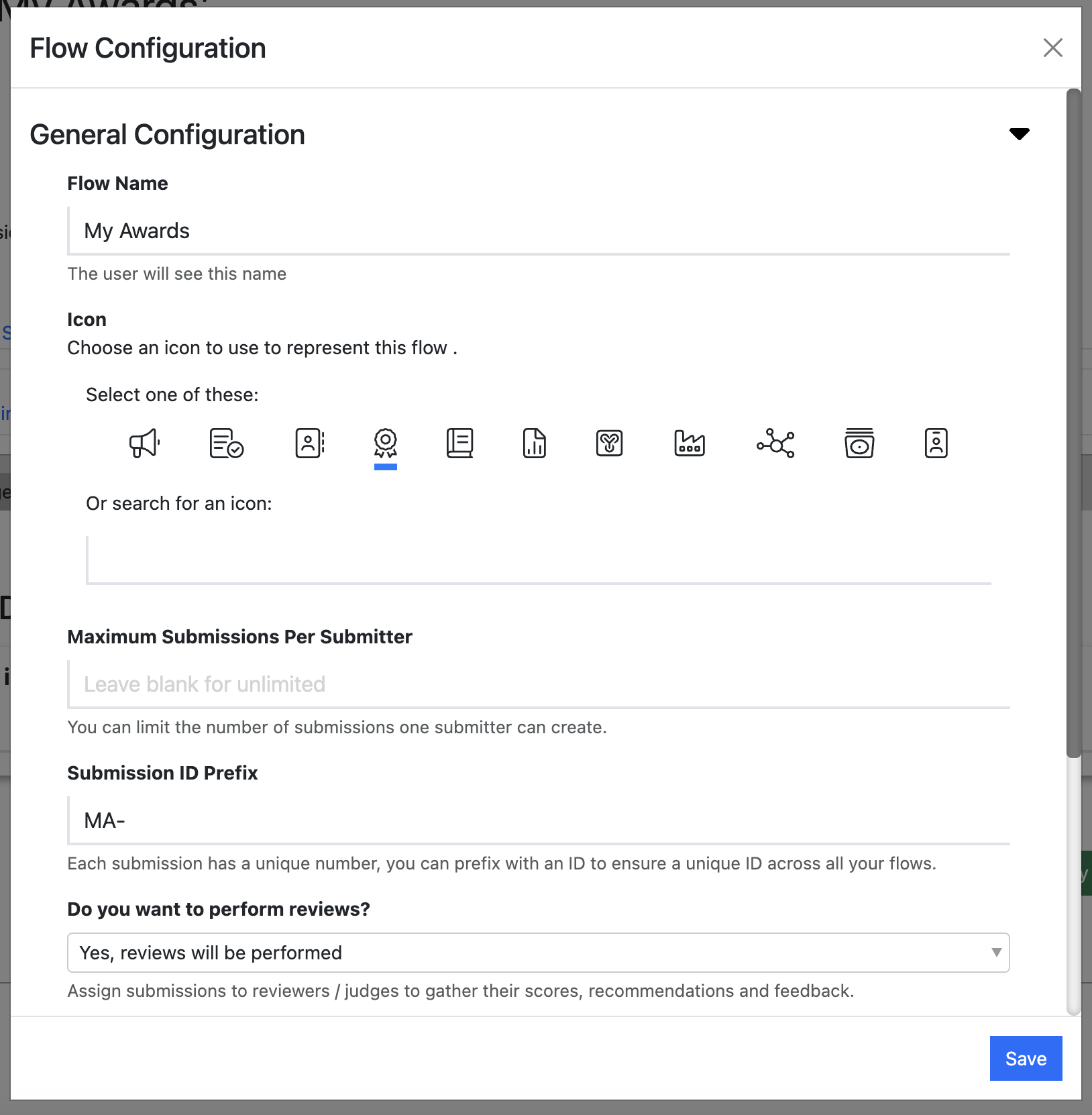 Screenshot of Awards Flow Configuration dialogue box