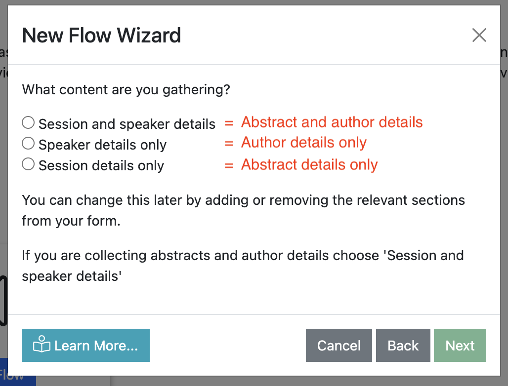 Annotated screenshot of New Flow wizard showing how Session and speaker details map to Abstract and Speaker details