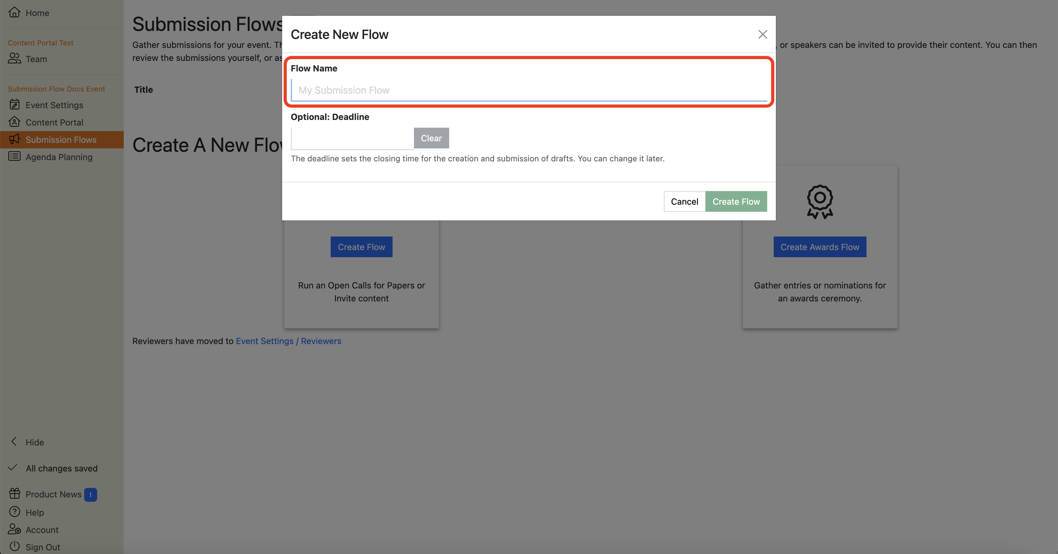 Screenshot of a dialogue box asking the user to add a name for their new submission flow