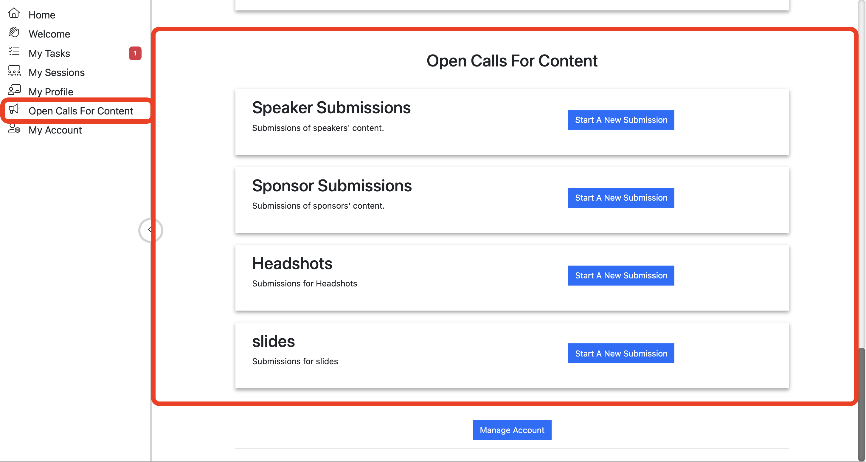 A screenshot of the open calls for content section