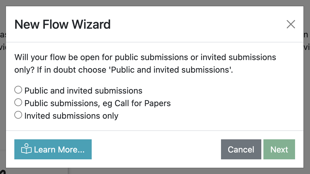 Screenshot of New Flow Wizard screen asking if the new flow should be open for public or invited submissions