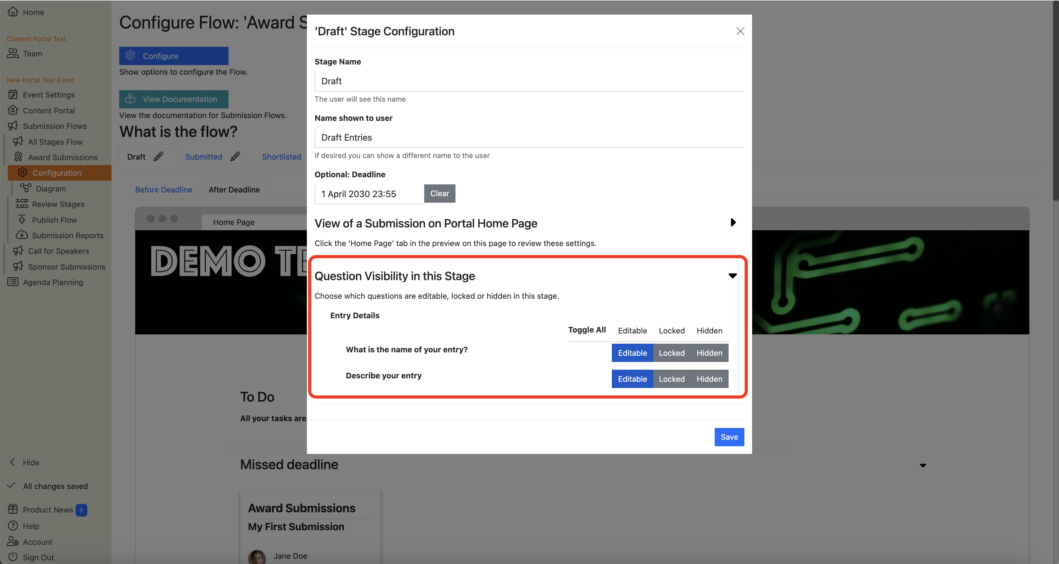 Screenshot of the submission stage settings popup, highlighting the "Question Visibility in this Stage" section