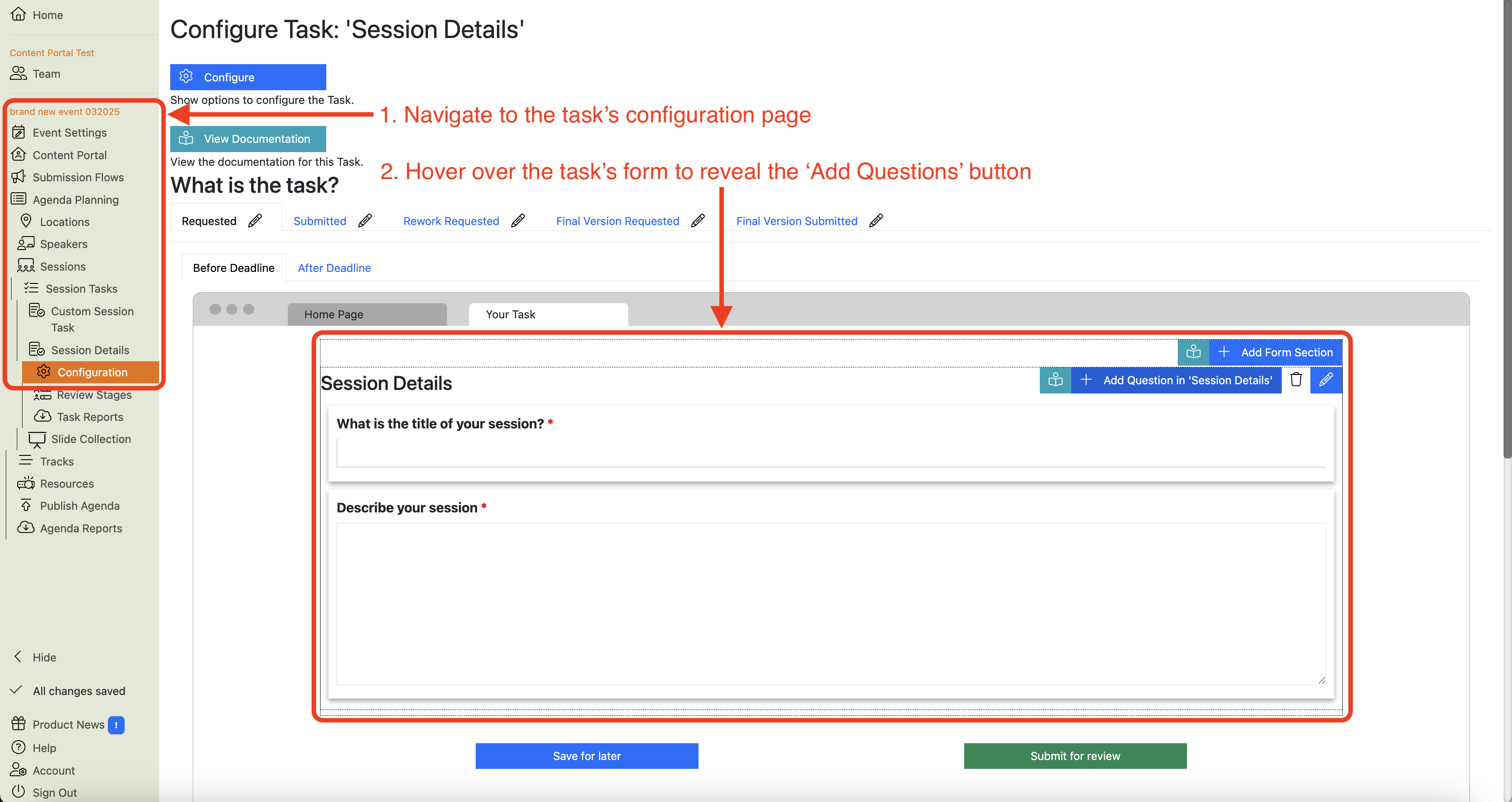 Screenshot of the Session Details Task Configuration page, showing the effect of hovering over the form