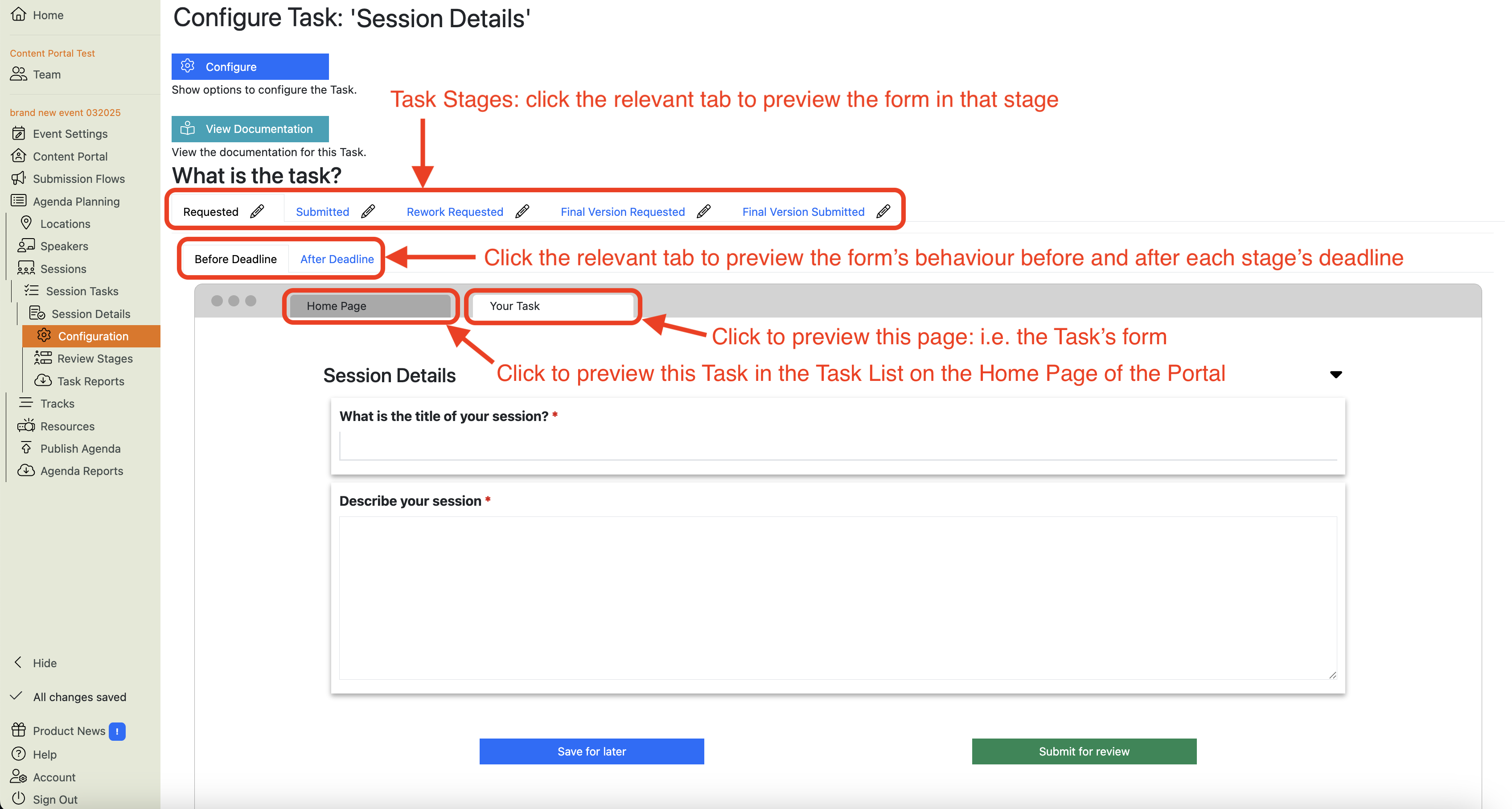 Screenshot showing the Speaker Details Task Configuration Main View with the various elements highlighted