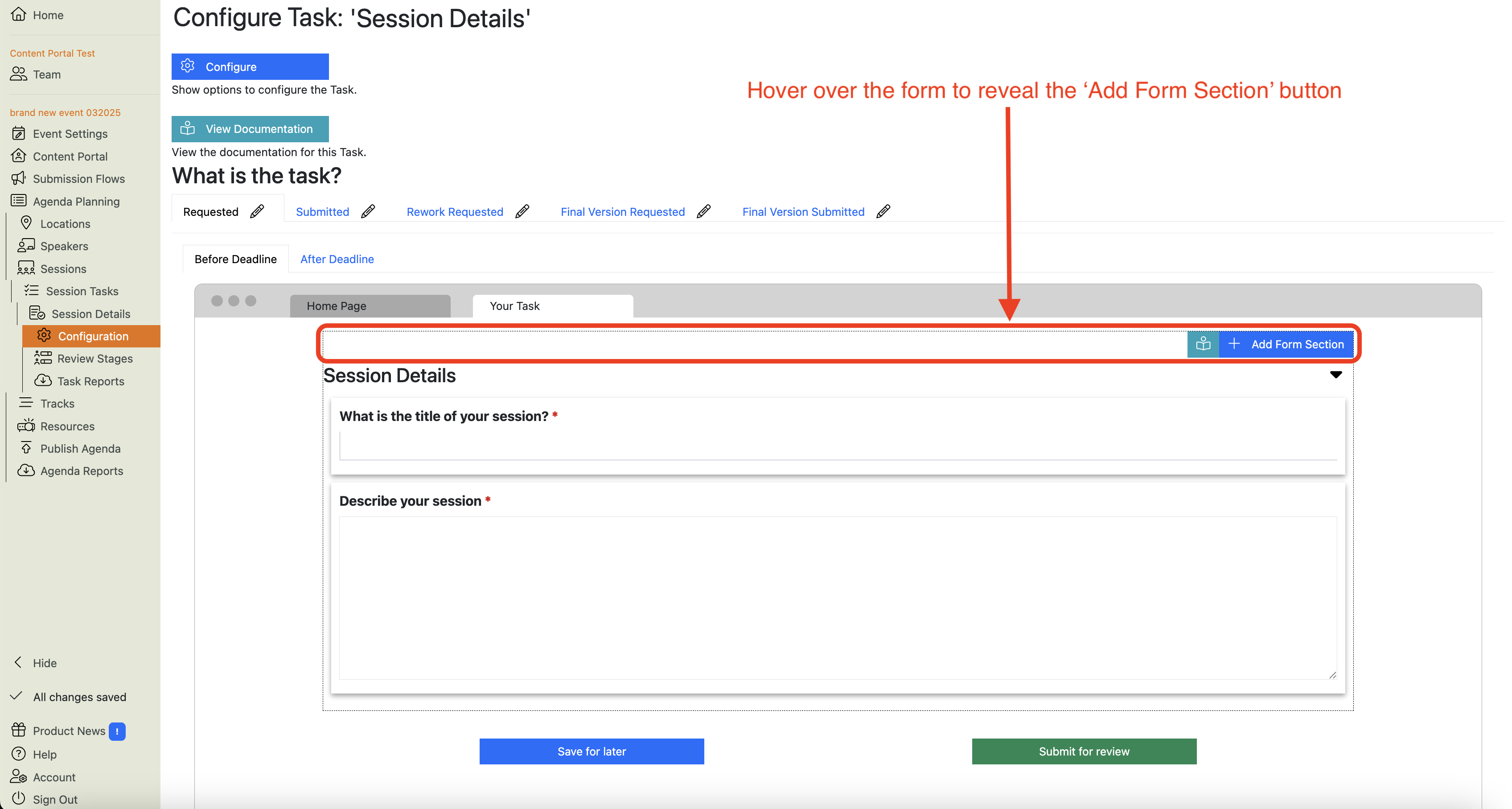 Screenshot of the Session Details Task Configuration Main View, showing the effect of hovering over the form
