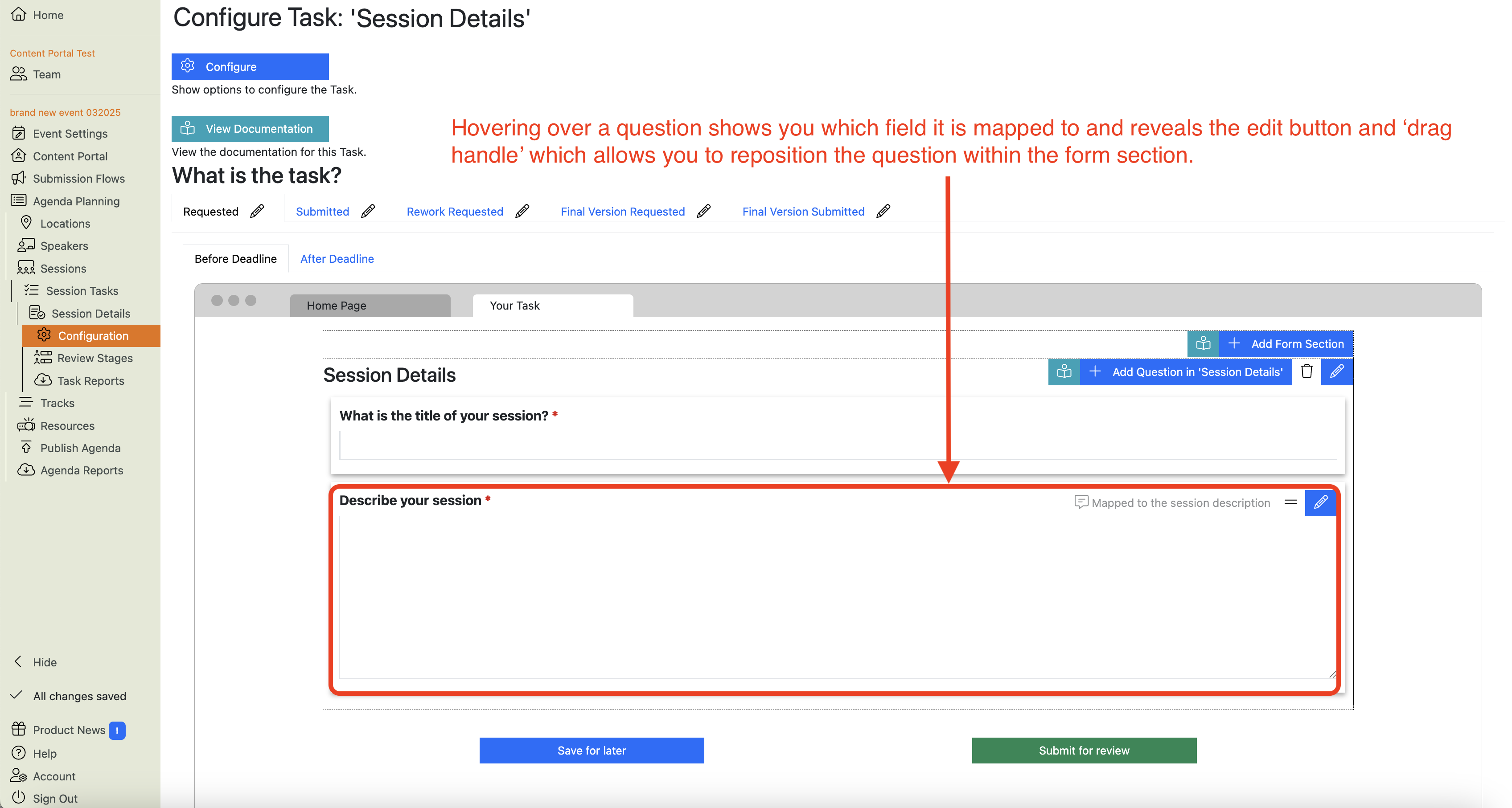 Screenshot of the Session Details Task Configuration: showing the effect of hovering over a question