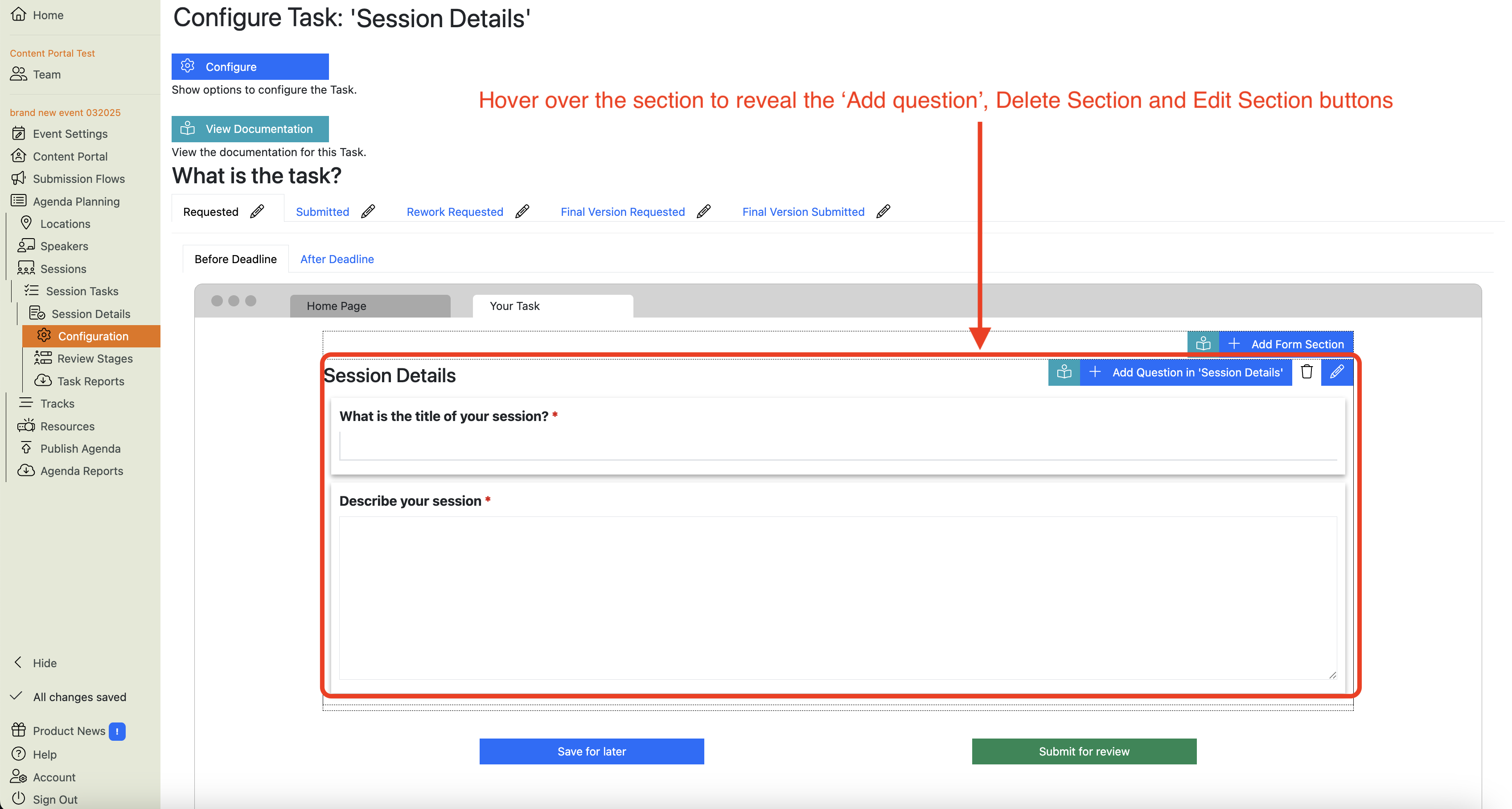Screenshot of the Session Details Task Configuration main view showing the effect of: hovering over a form section