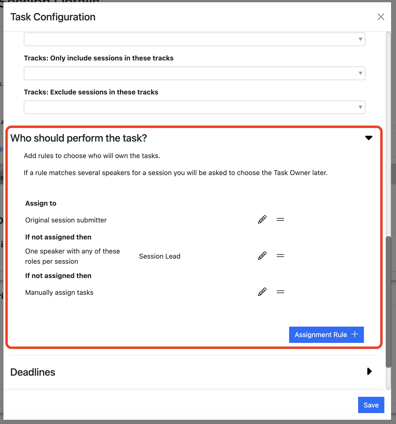Screenshot of the Session Details Task Configuration highlighting the "session owner rules" section
