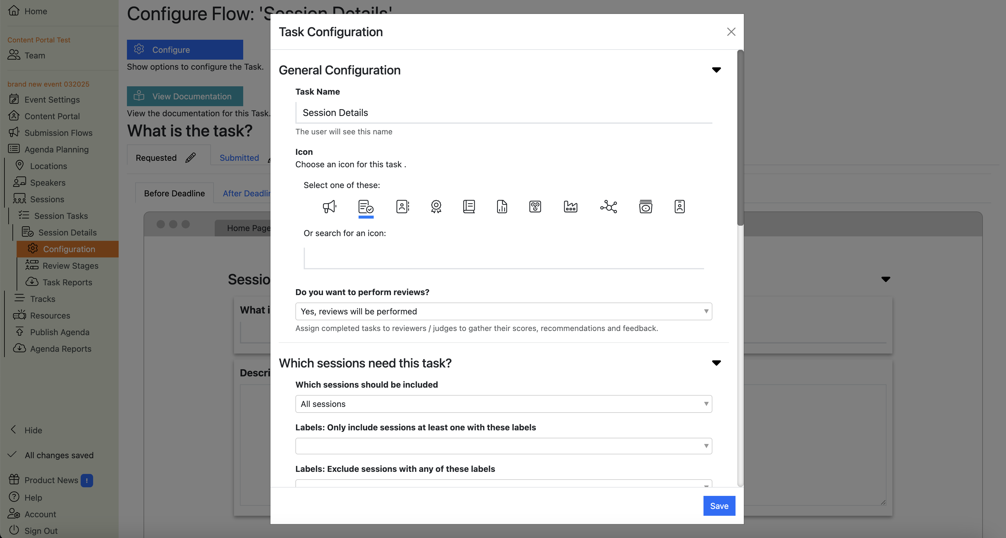 Screenshot of the Session Details Task Configuration Page