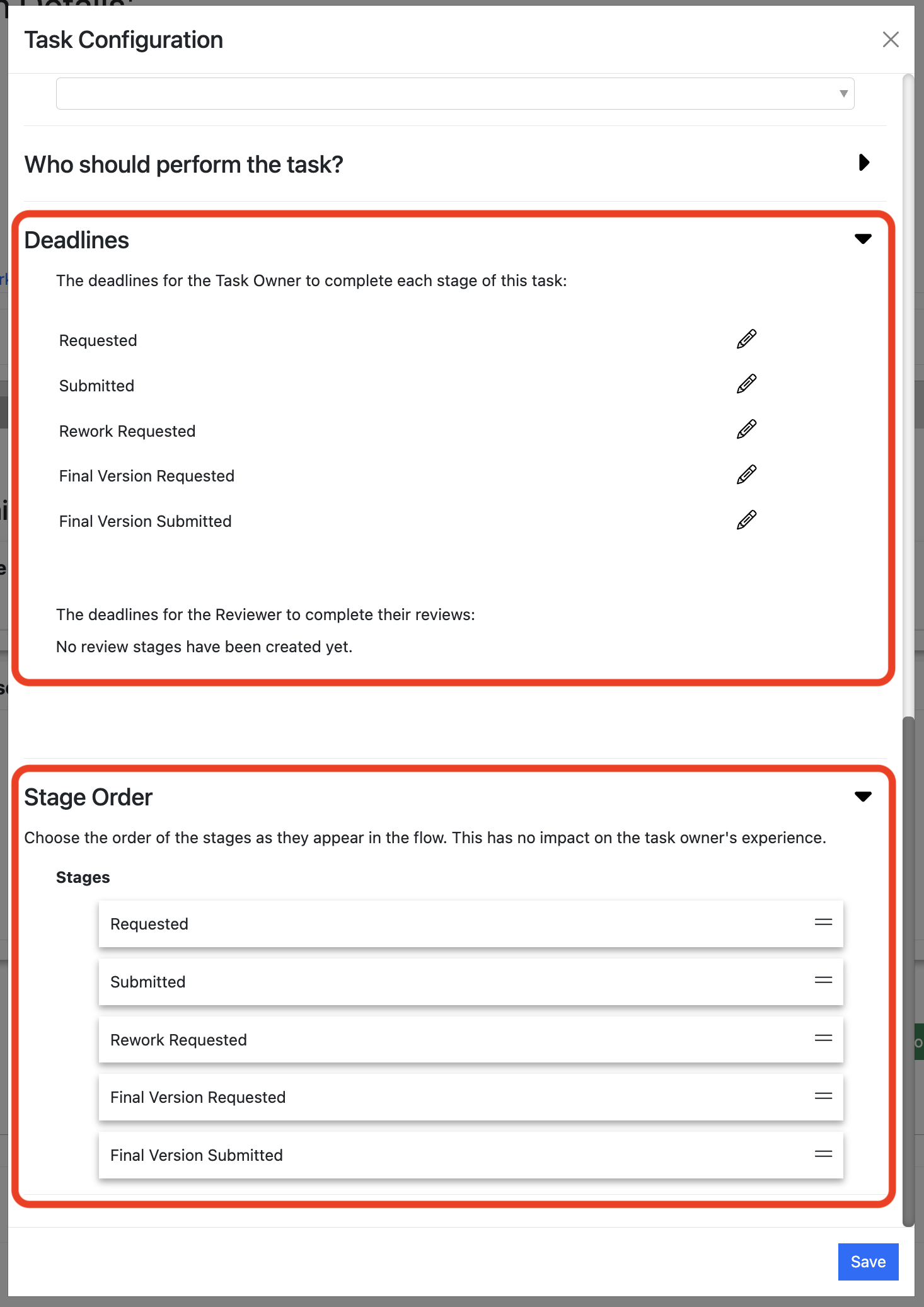 Screenshot of the Session Details Task configuration, highlighting the "Stage Deadlines" and "Stage Order" sections