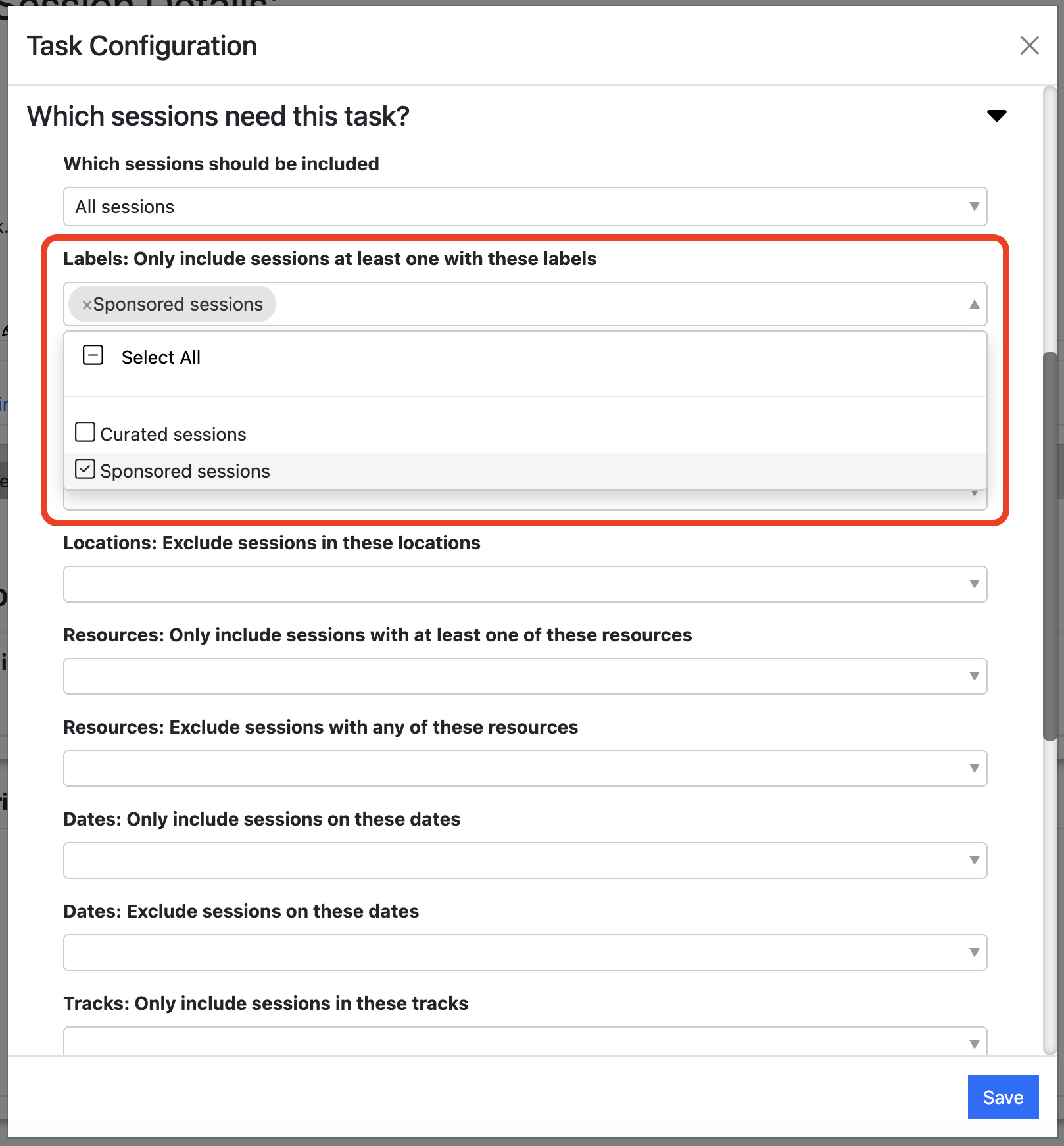 Screnshot of the Session Details Task configuration dialogue, highlighting the ‘Which Sessions’ section