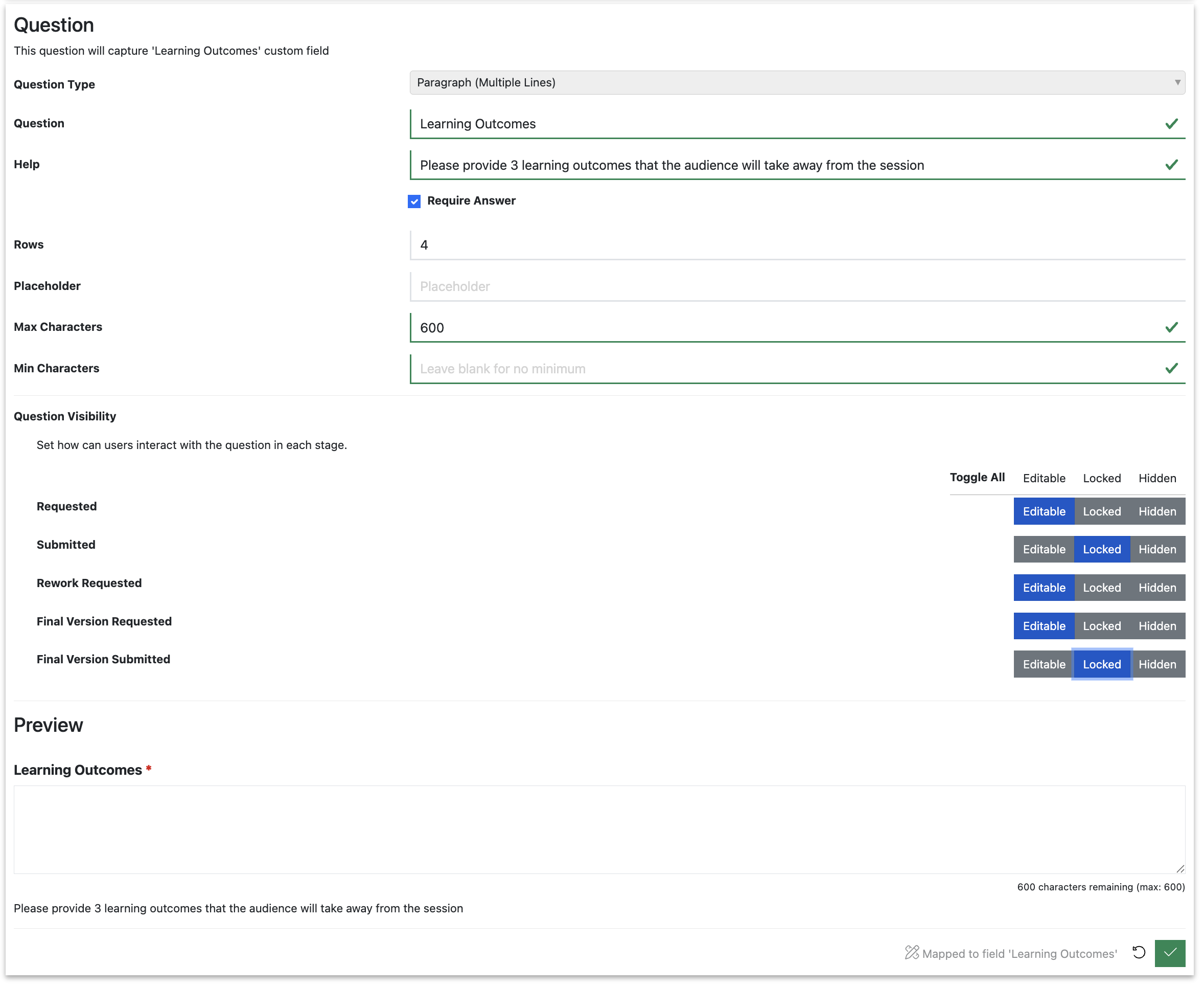 Screenshot of the new session task custom question editor