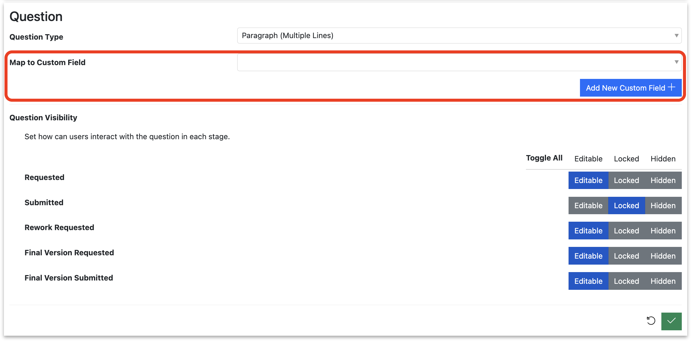 Screenshot of the Session Task configuration view showing a new custom question open for editing, with the custom field mapping section highlighted