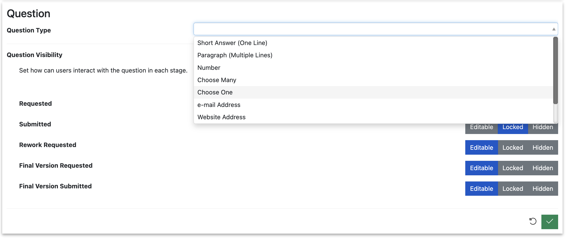 Screenshot of the Session Task Configuration View showing a new custom question which is open for editing, with the question type drop-down menu open