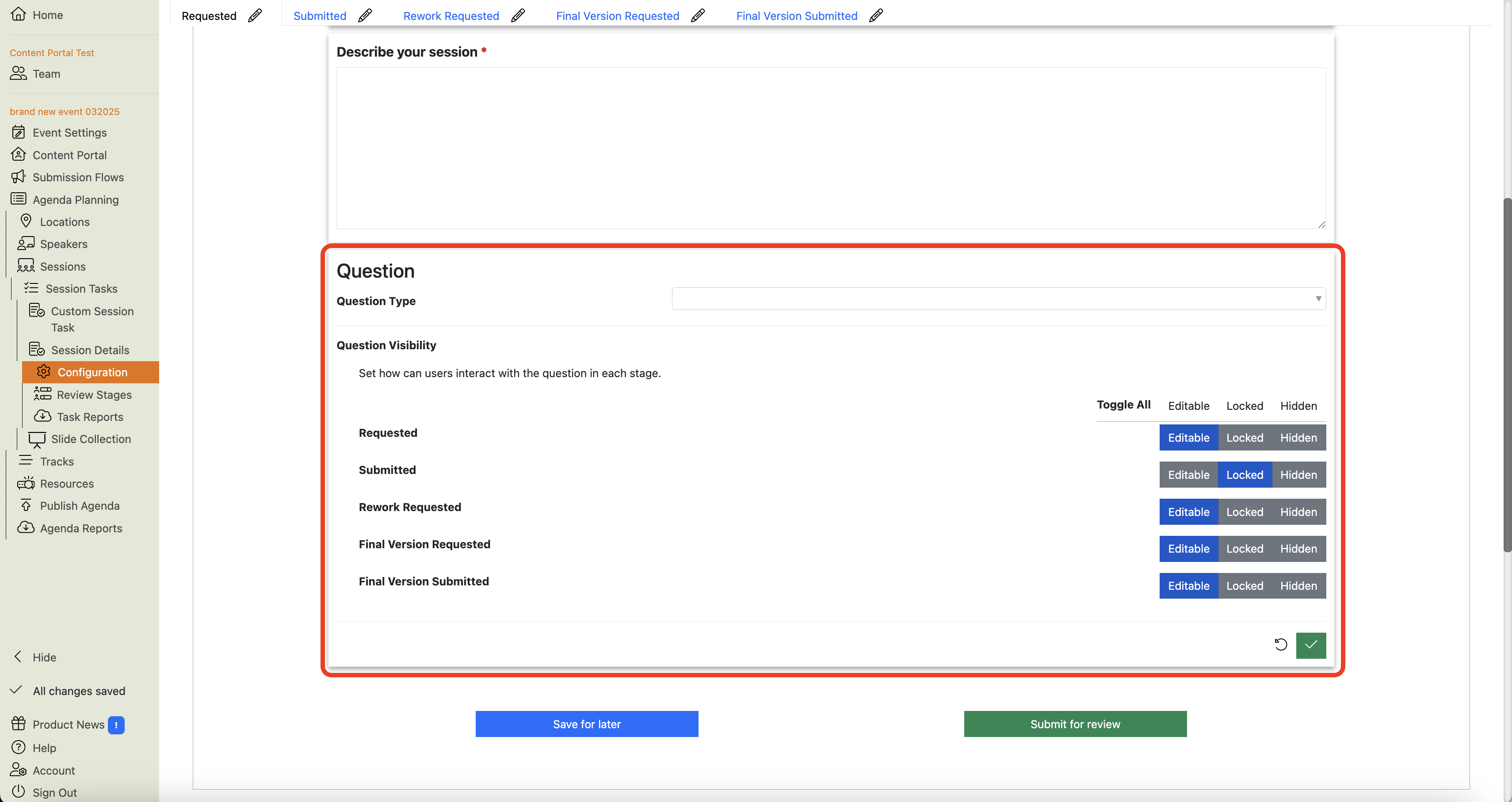 Screenshot of the Session Task Configuration view, showing a new custom question which is open for editing