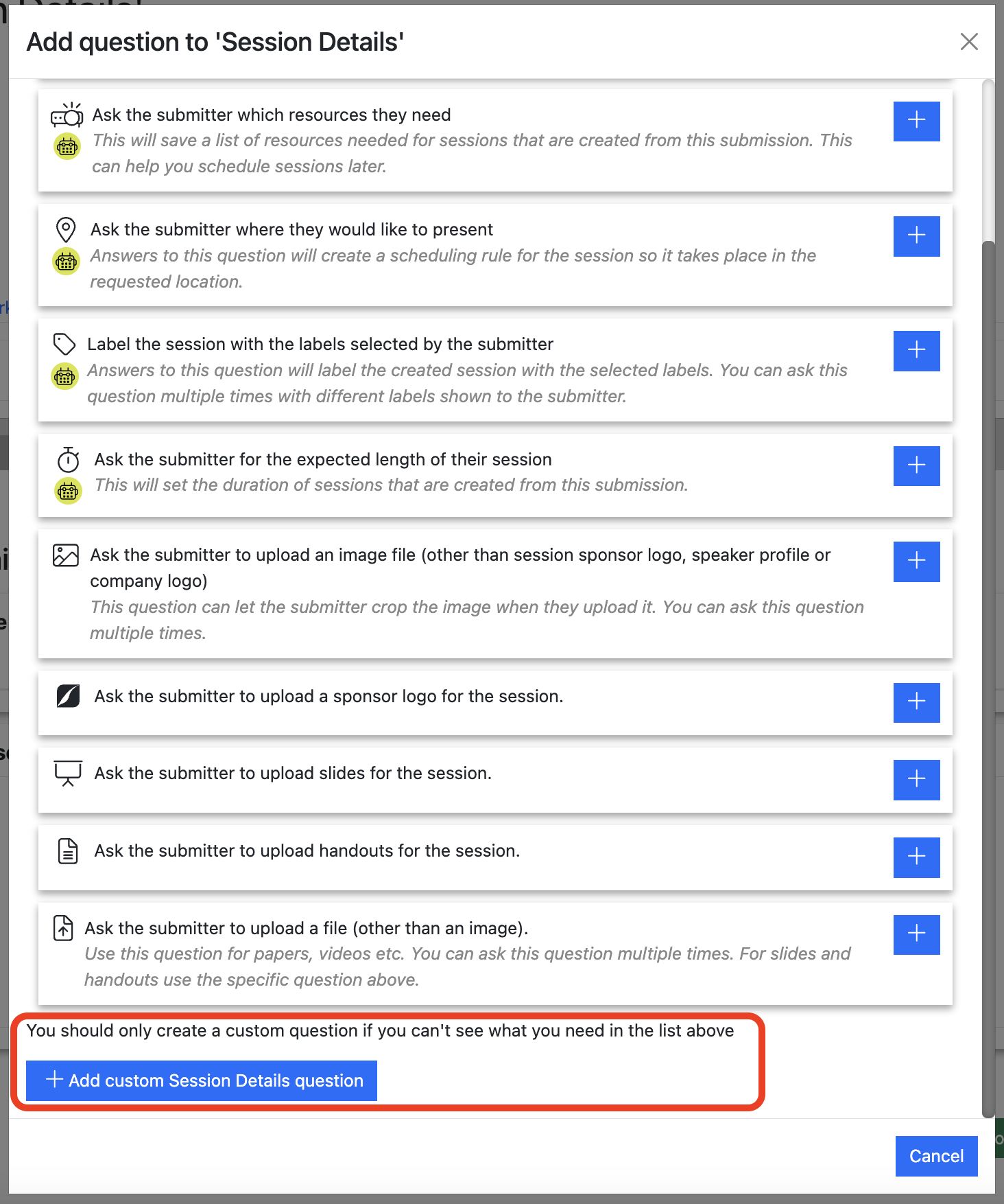 Screenshot of the Session Tasks question list showing the Add Custom Question button